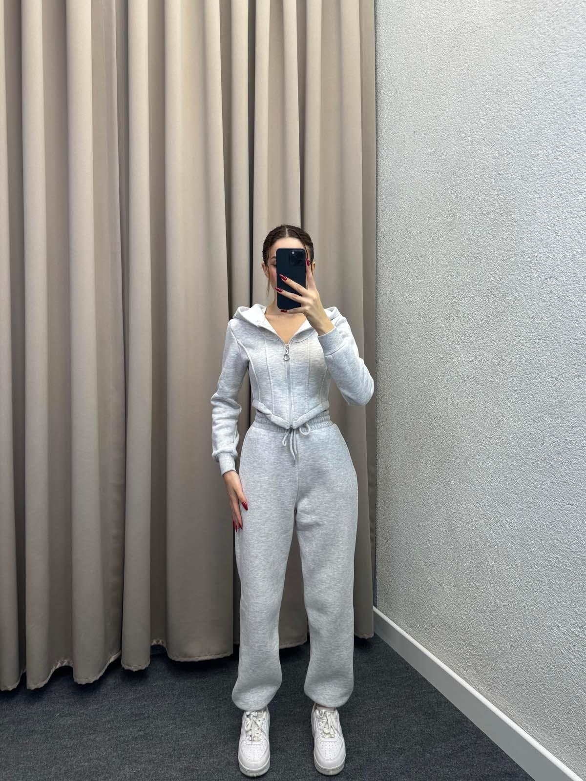 Girdle Üç İplik Şardonlu Gri Eşofman Takımı