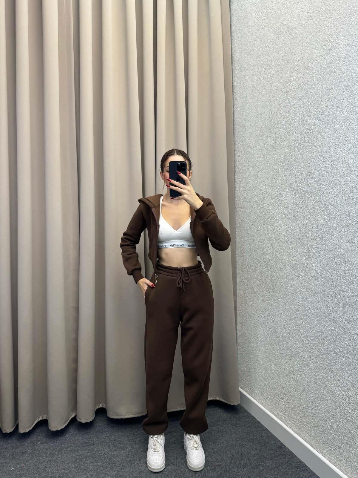 Girdle Üç İplik Şardonlu Kahve Eşofman Takımı