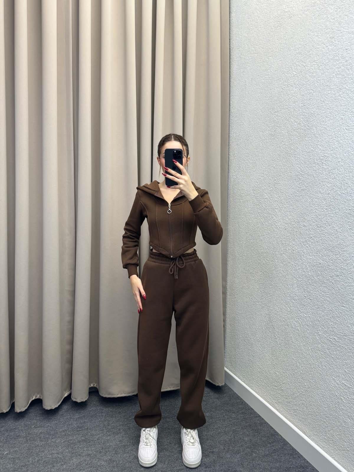 Girdle Üç İplik Şardonlu Kahve Eşofman Takımı