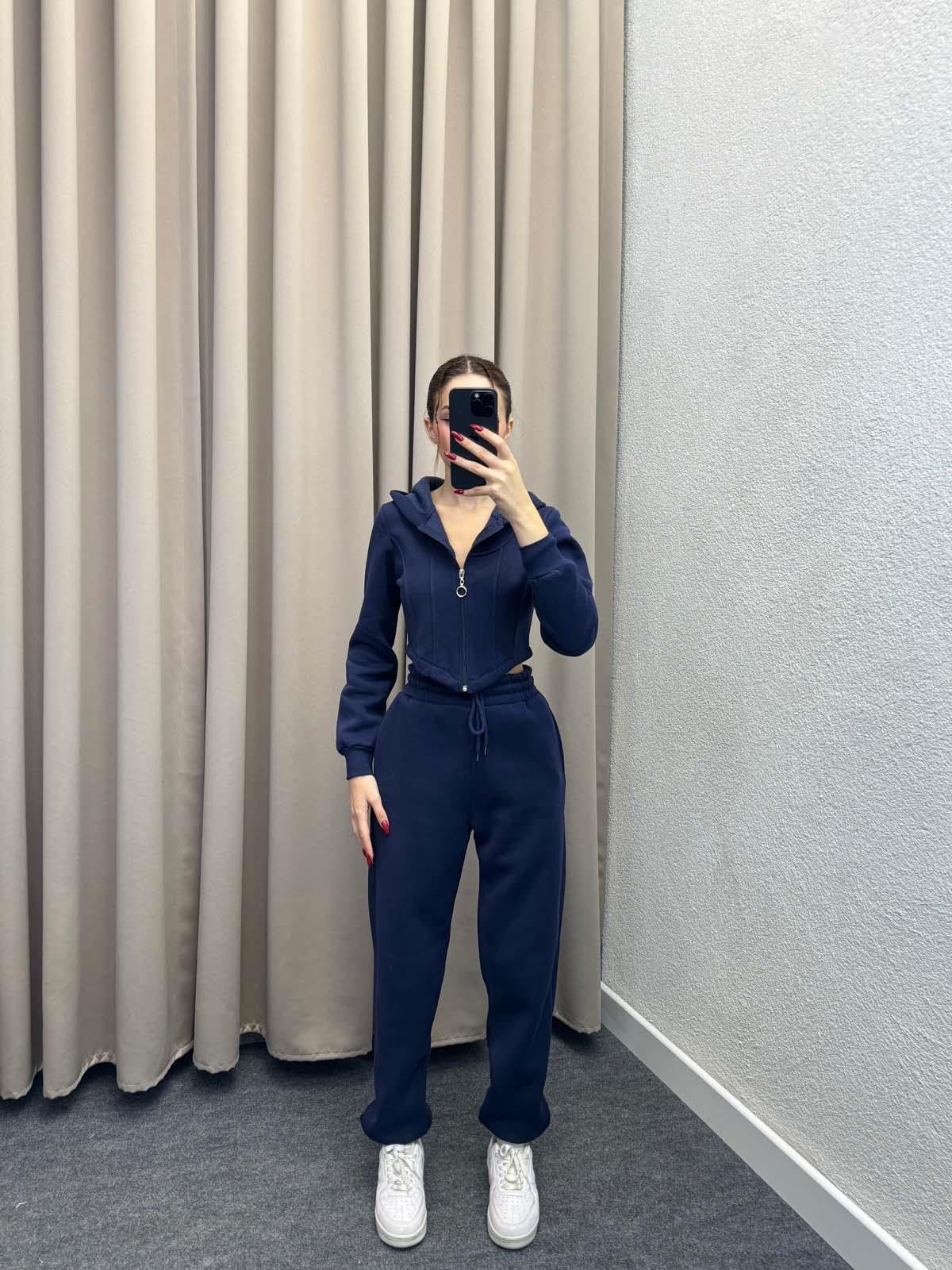 Girdle Üç İplik Şardonlu Lacivert Eşofman Takımı