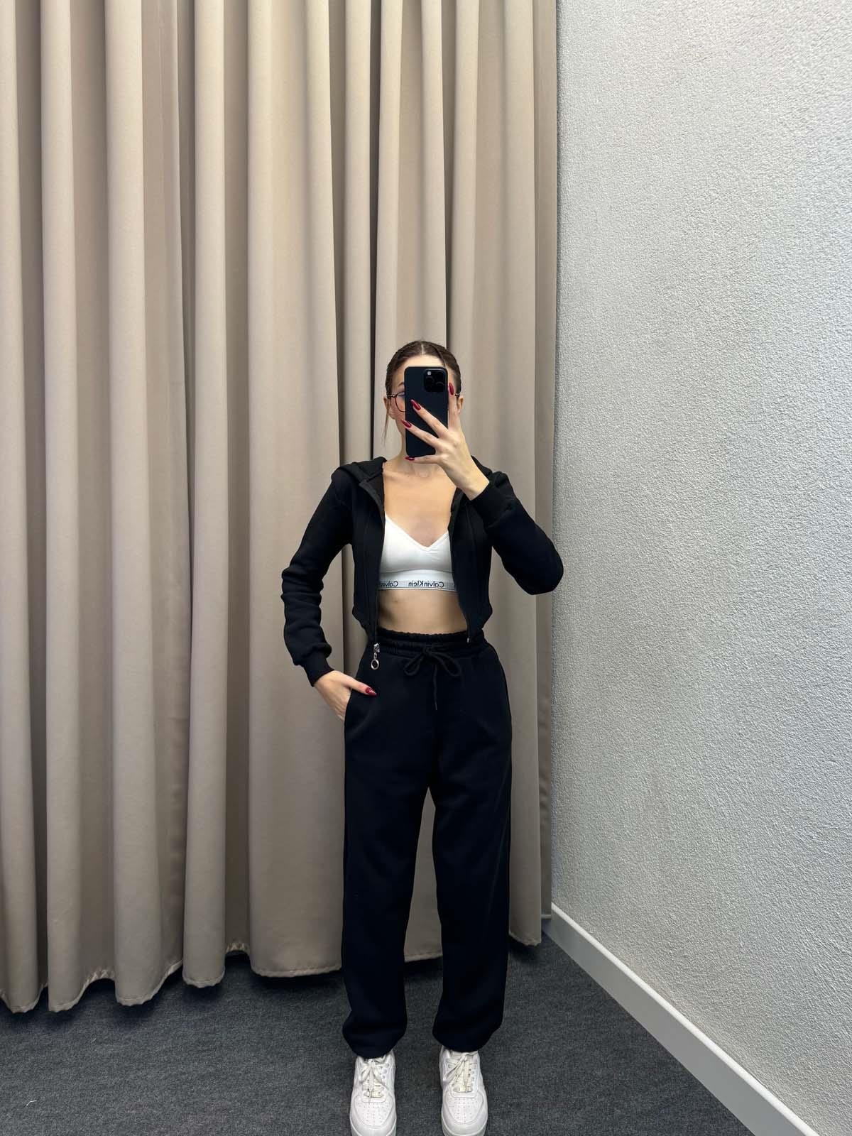 Girdle Üç İplik Şardonlu Siyah Eşofman Takımı