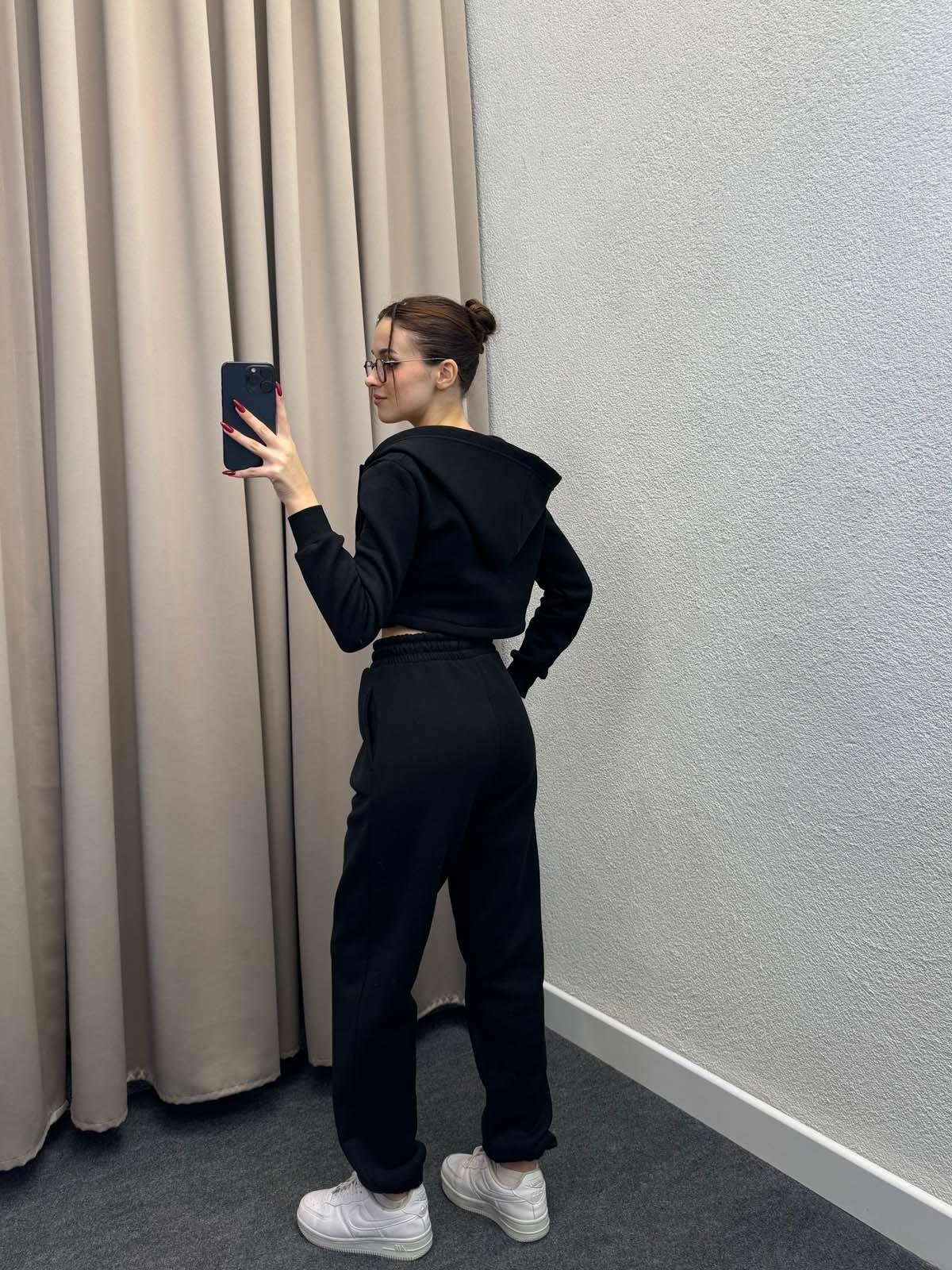 Girdle Üç İplik Şardonlu Siyah Eşofman Takımı