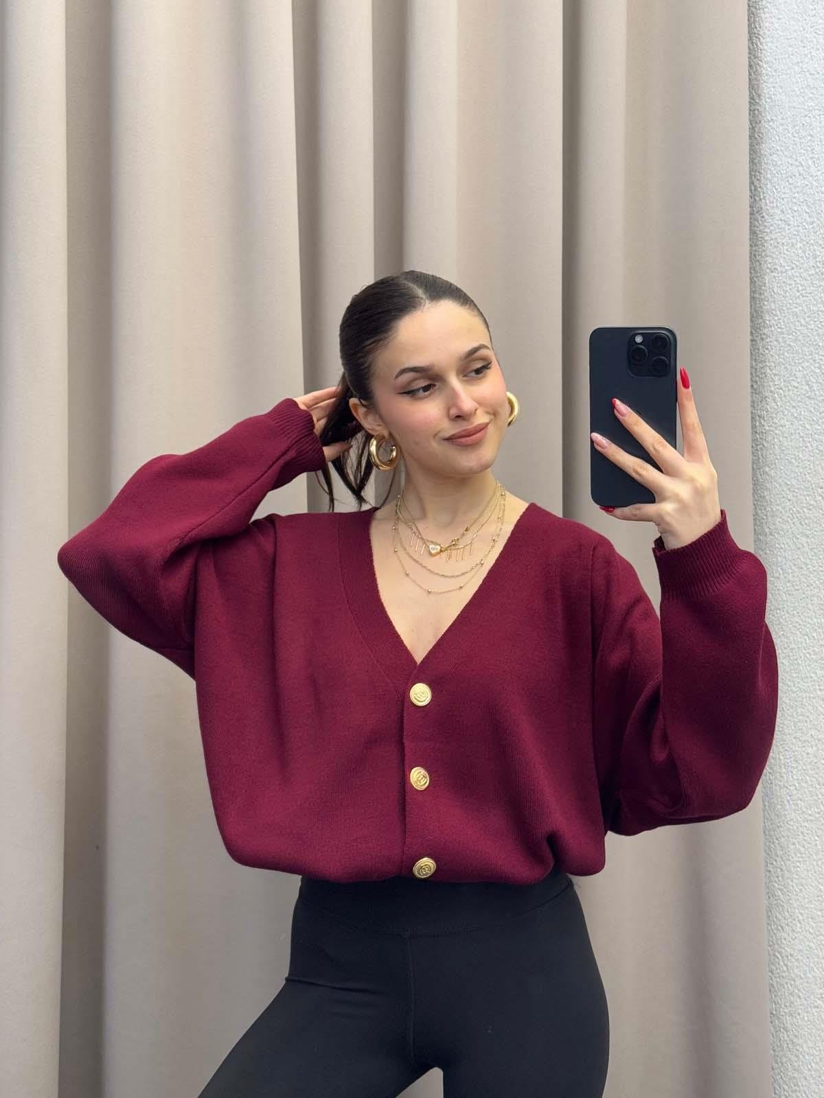 Gold Düğmeli Salaş Bordo Hırka