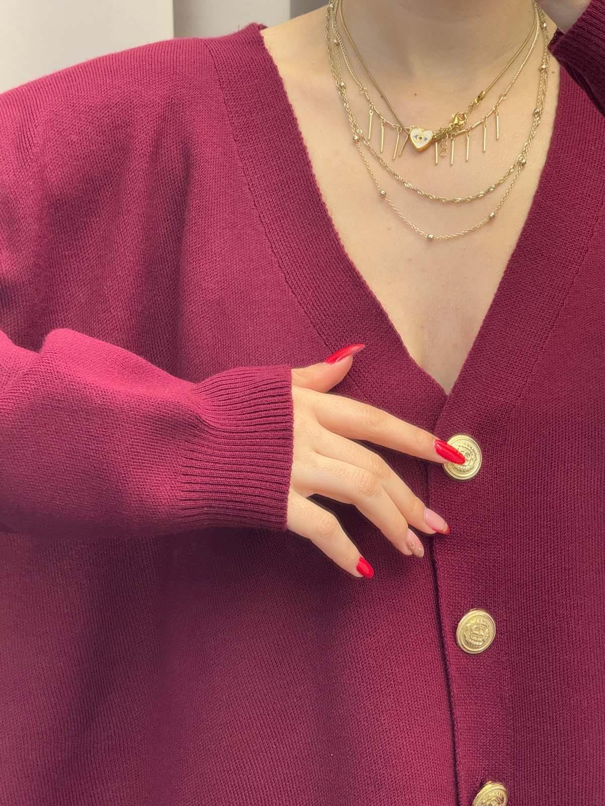 Gold Düğmeli Salaş Bordo Hırka