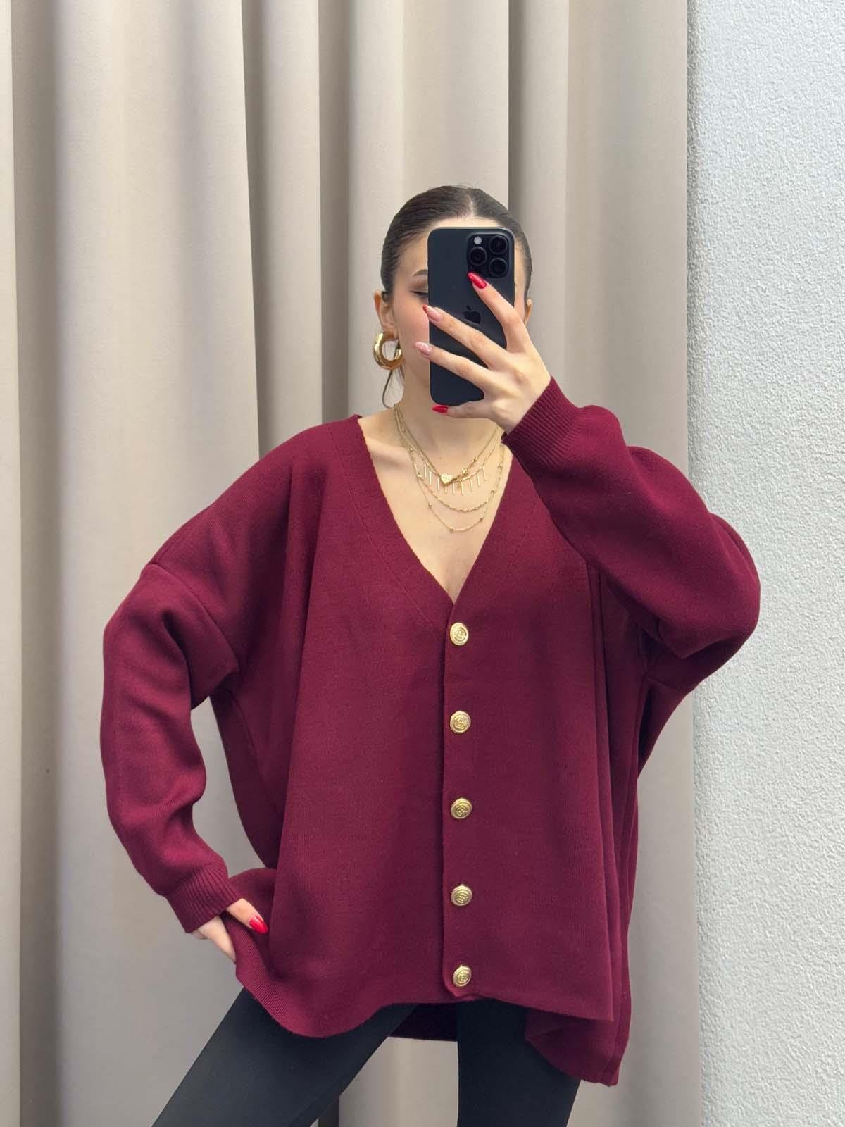 Gold Düğmeli Salaş Bordo Hırka