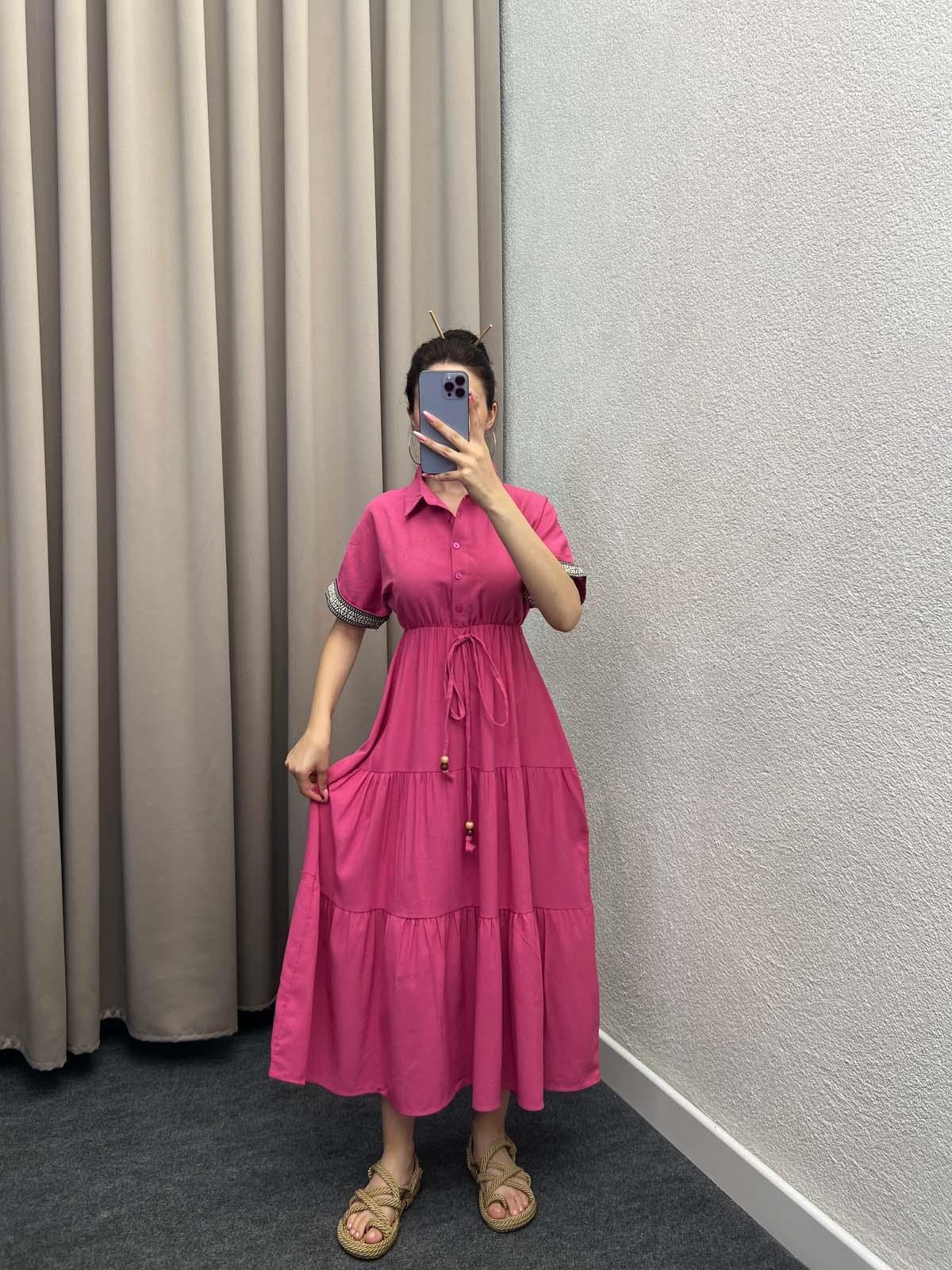 Gömlek Yaka Pembe Keten Elbise