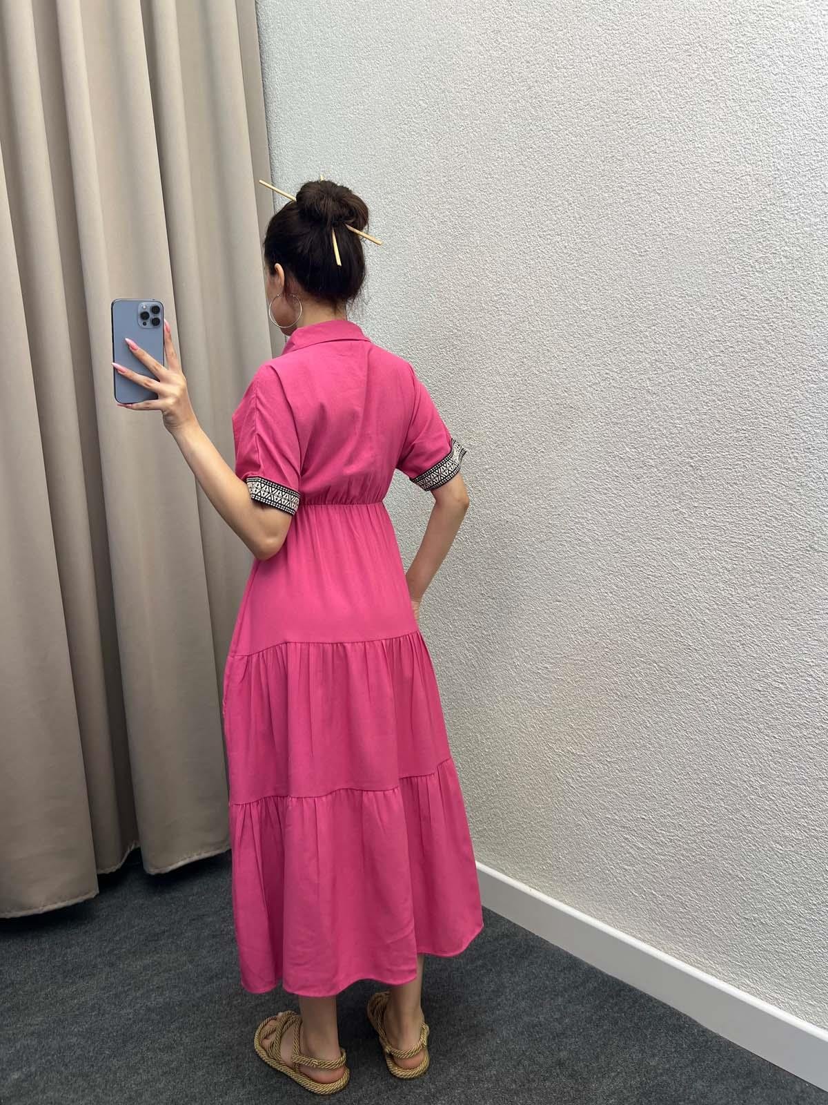 Gömlek Yaka Pembe Keten Elbise