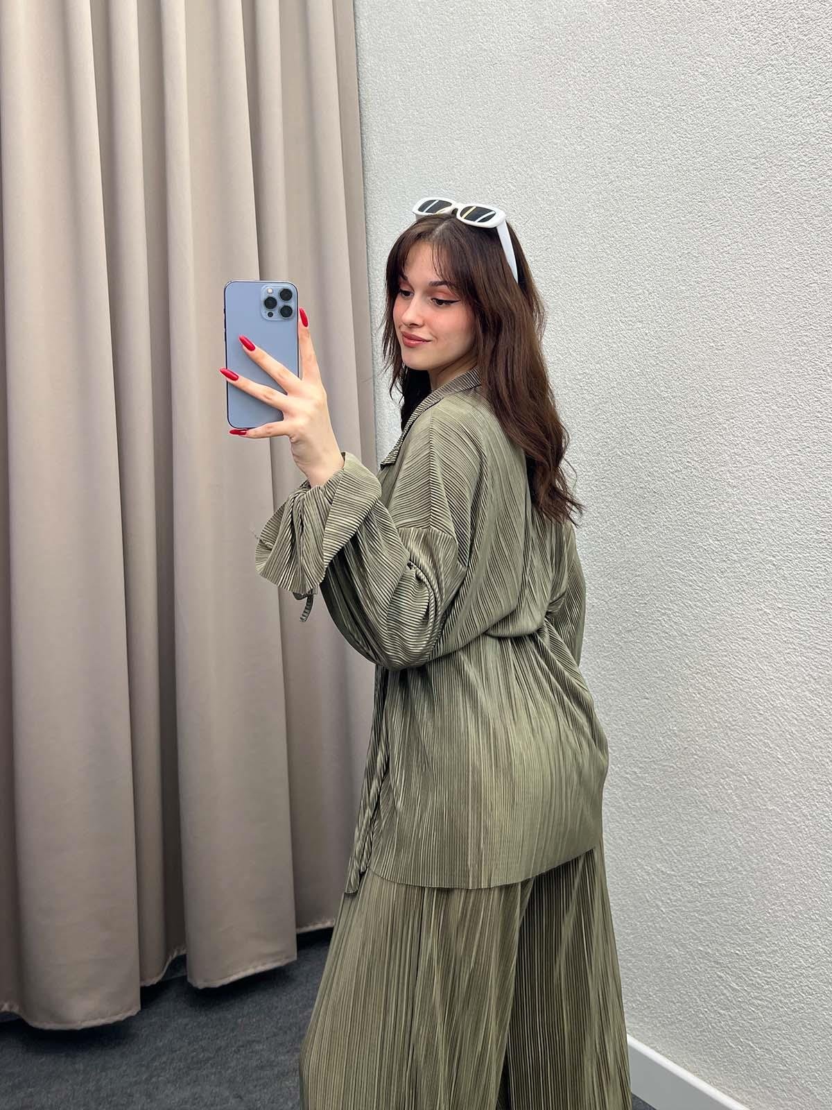 Gracias Haki Pliseli Kimono Takım