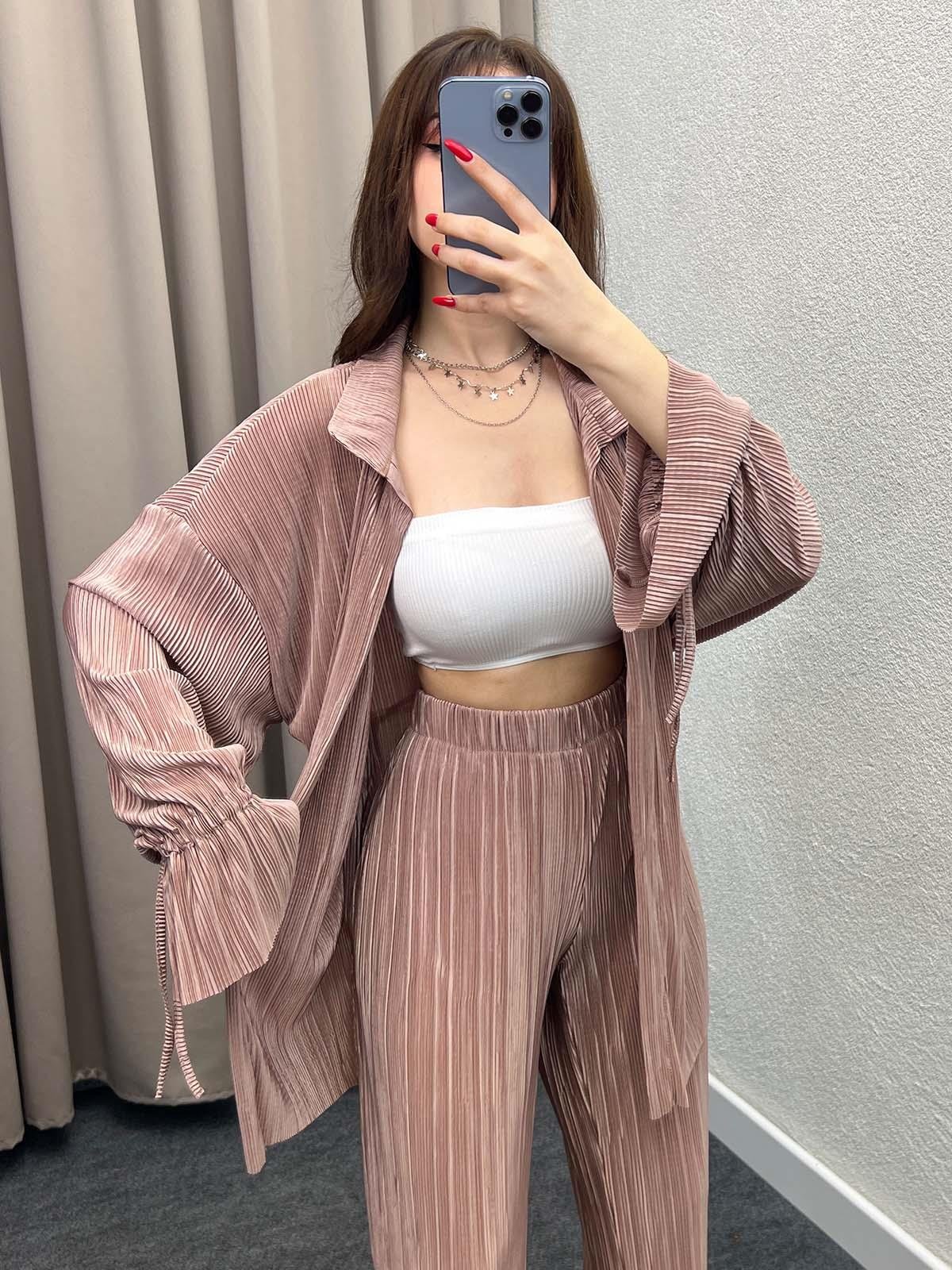 Gracias Kahve Pliseli Kimono Takım