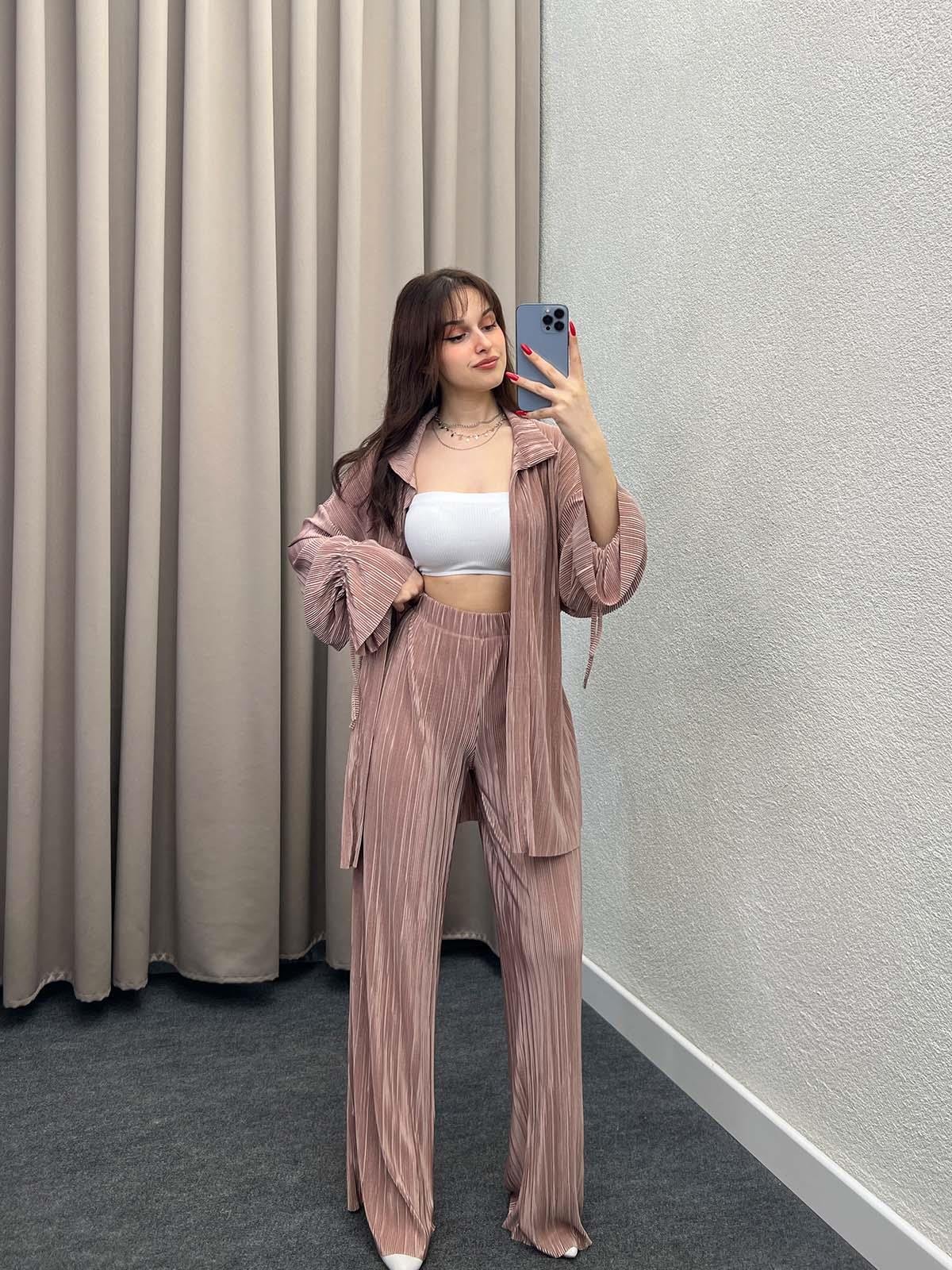 Gracias Kahve Pliseli Kimono Takım