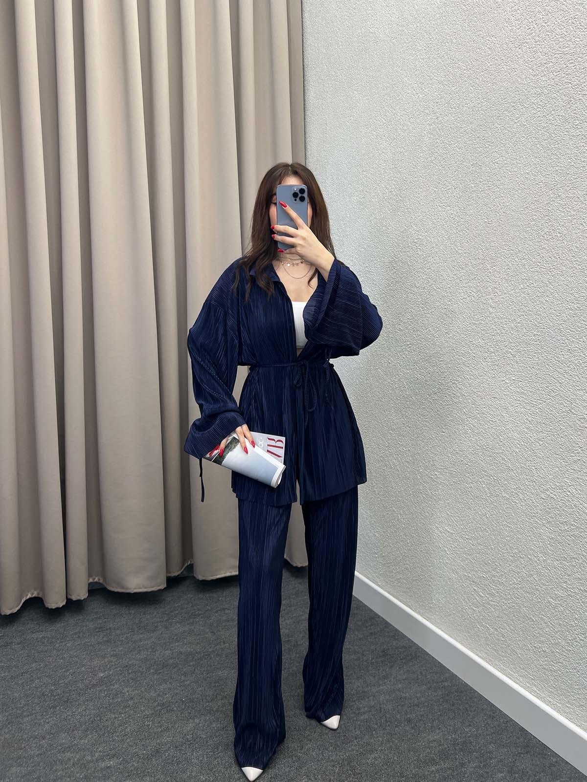 Gracias Lacivert Pliseli Kimono Takım