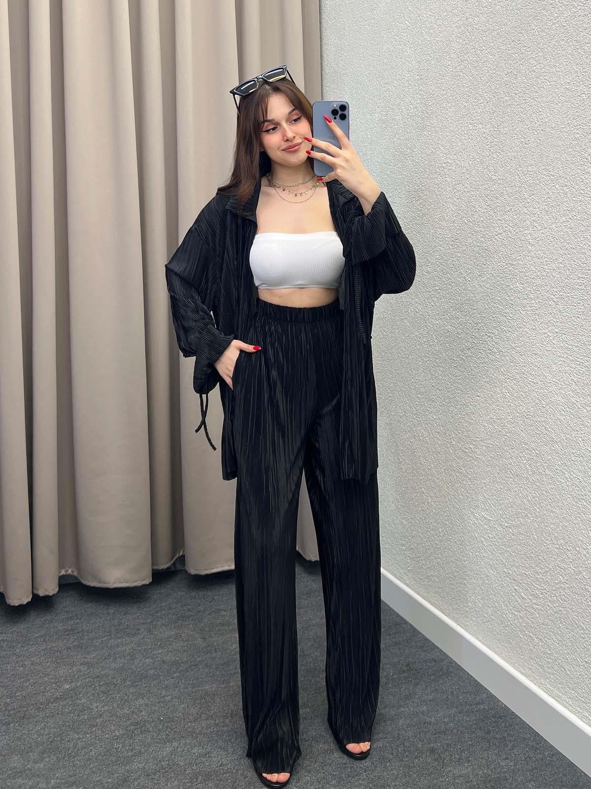 Gracias Siyah Pliseli Kimono Takım