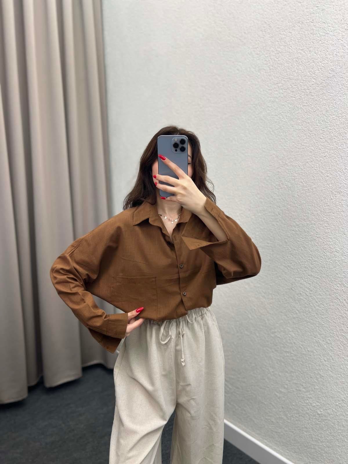 Ham Keten Kahve Gömlek