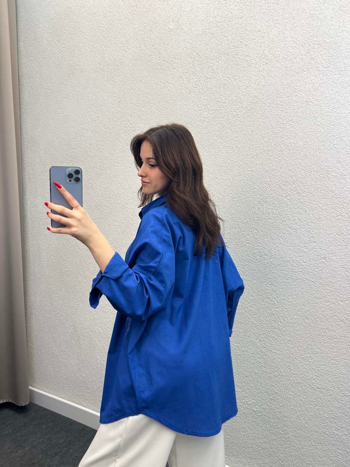 Ham Keten Saks Mavi Gömlek