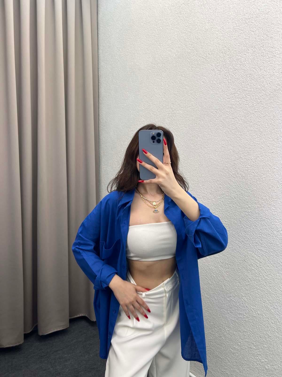 Ham Keten Saks Mavi Gömlek