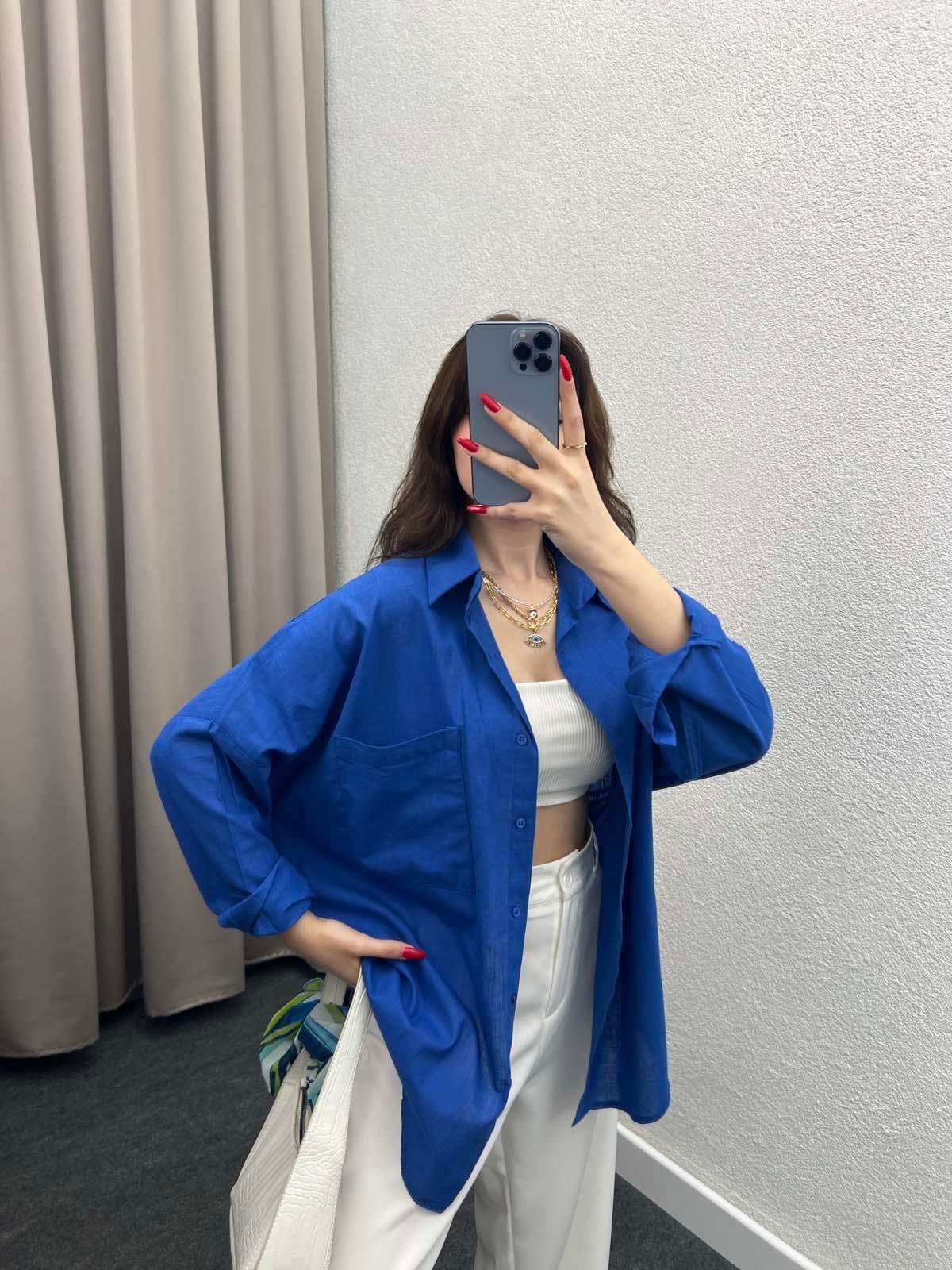 Ham Keten Saks Mavi Gömlek