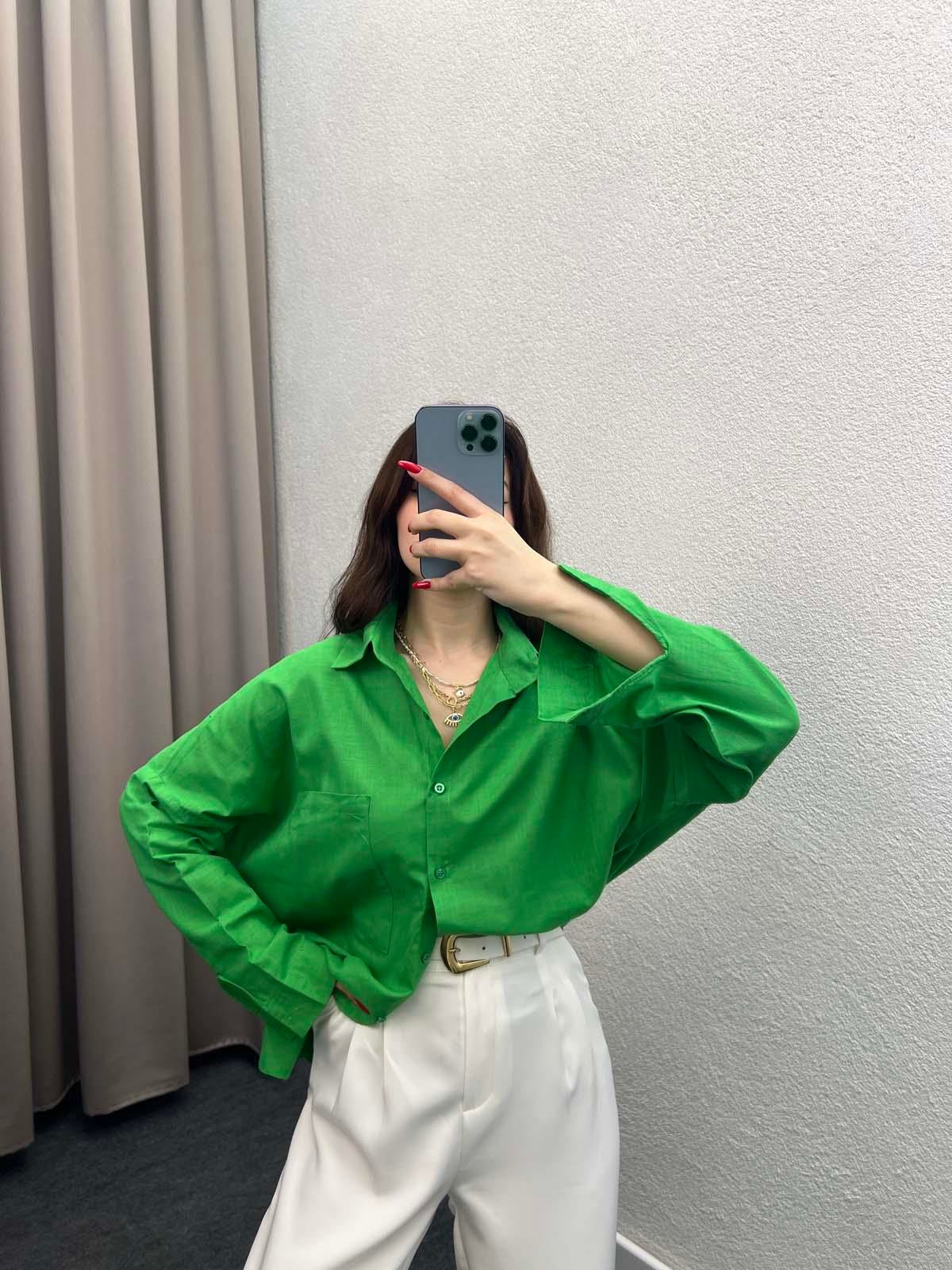 Ham Keten Yeşil Gömlek