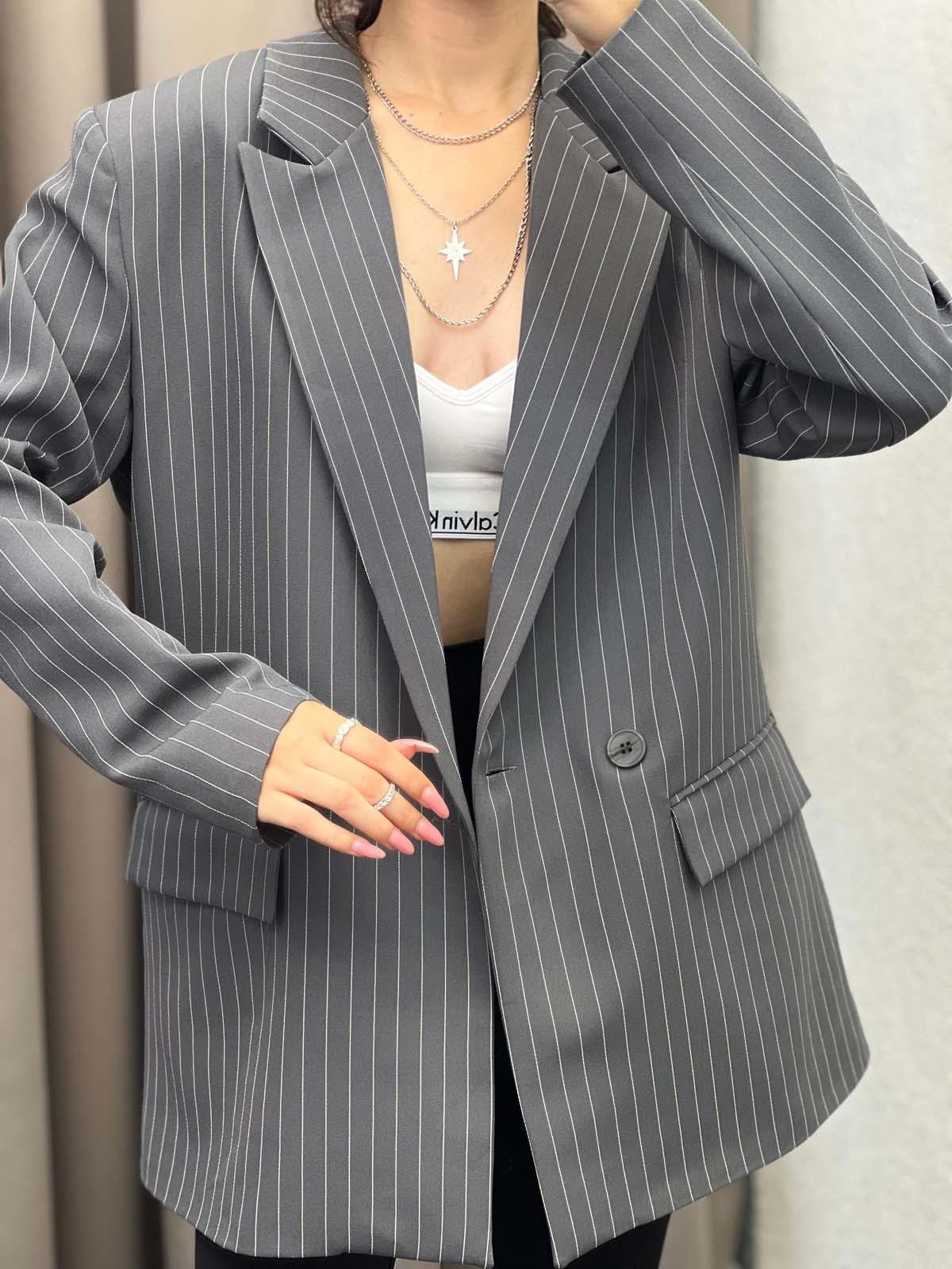 Hathor Çizgli Füme Blazer Ceket