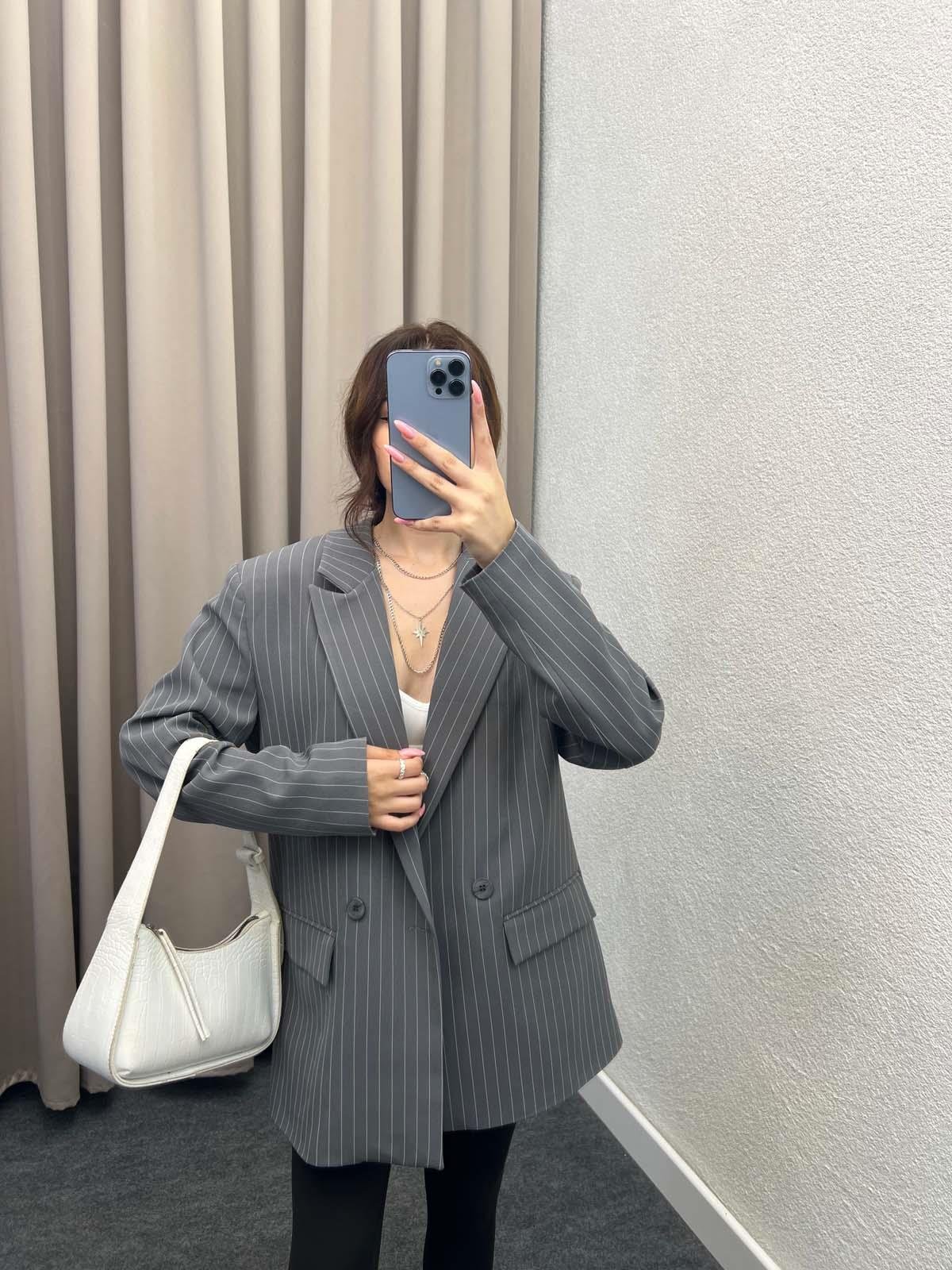 Hathor Çizgli Füme Blazer Ceket