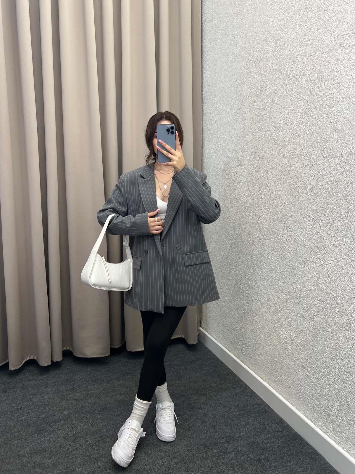 Hathor Çizgli Füme Blazer Ceket