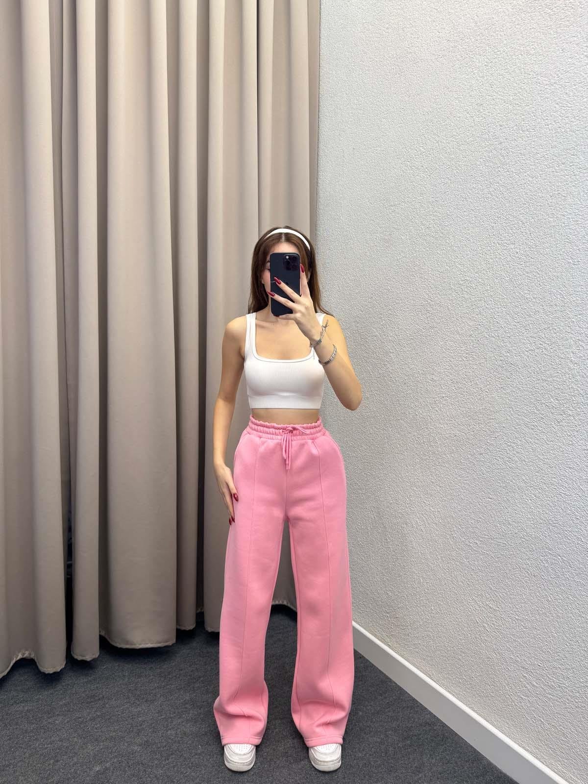 Husky Oversize Yüksek Bel Pembe Eşofman Altı