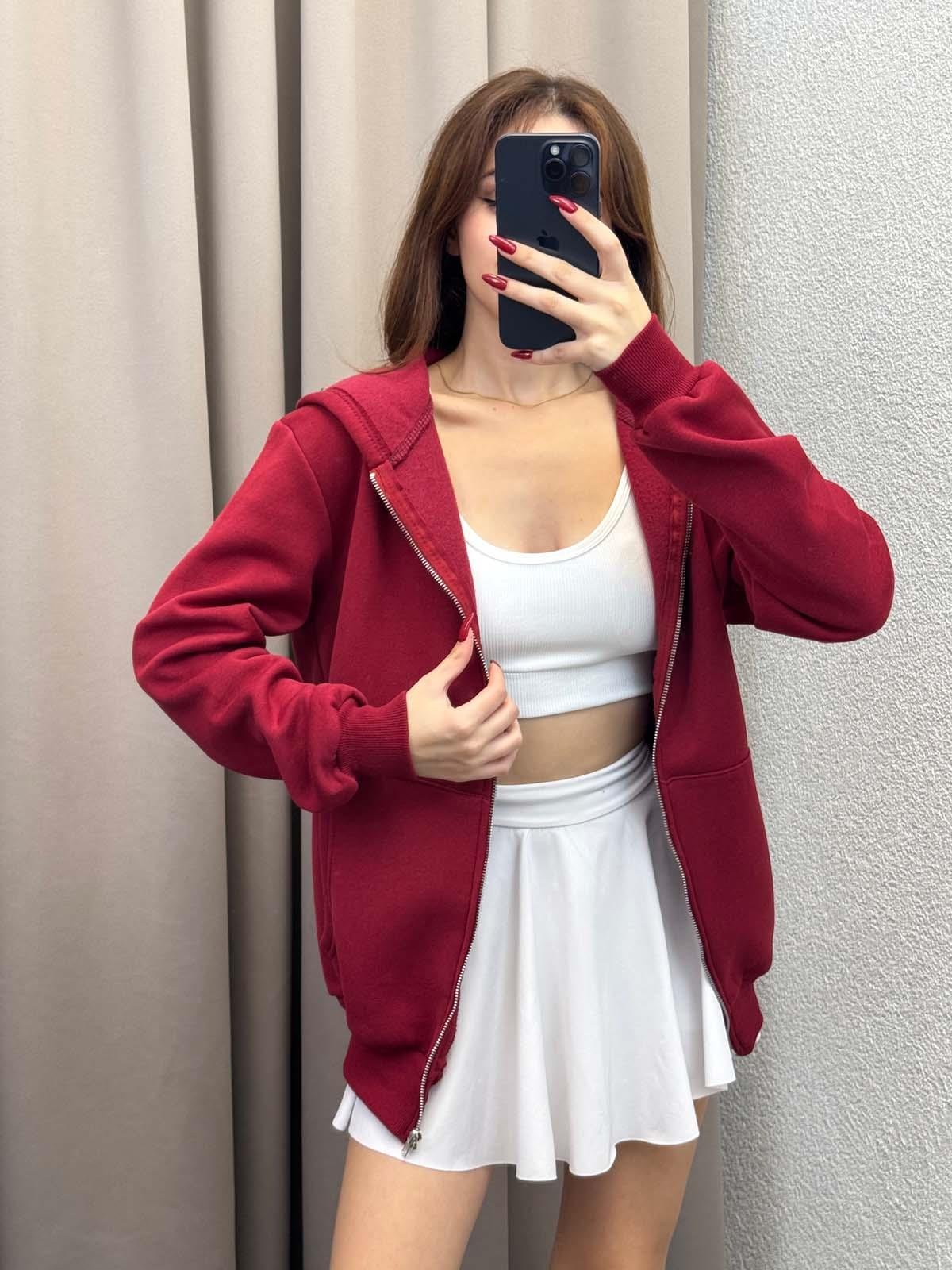 Kassel Üç İplik Şardonlu Oversize Bordo Hırka