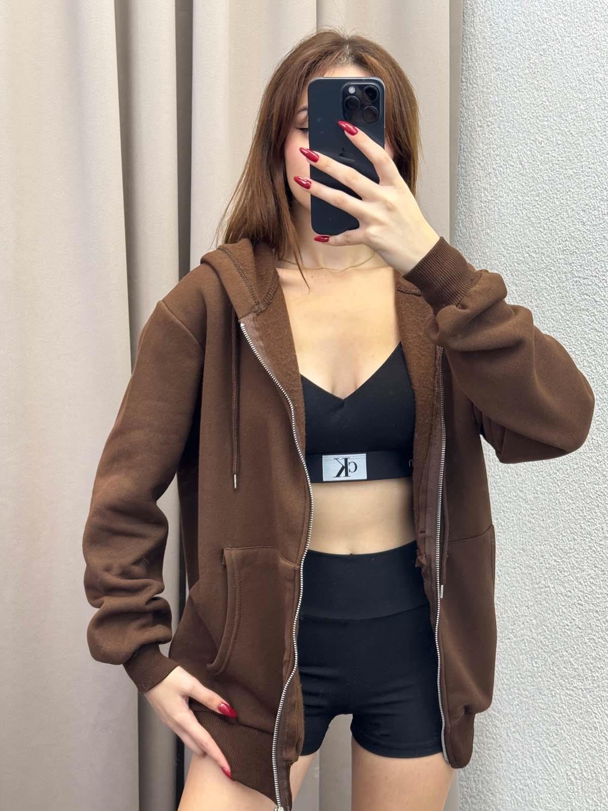 Kassel Üç İplik Şardonlu Oversize Kahve Hırka