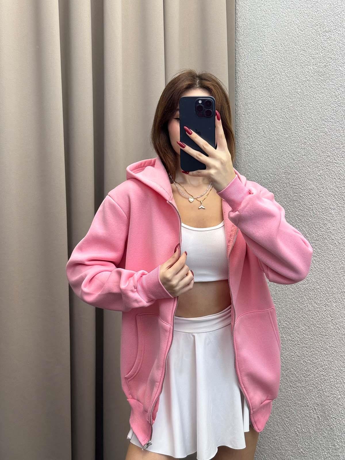 Kassel Üç İplik Şardonlu Oversize Pudra Hırka