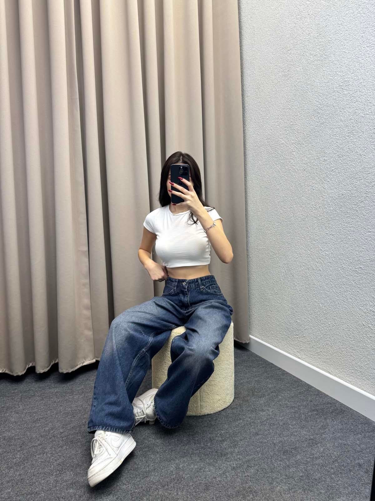 Kemer Detaylı Mavi Baggy Jean