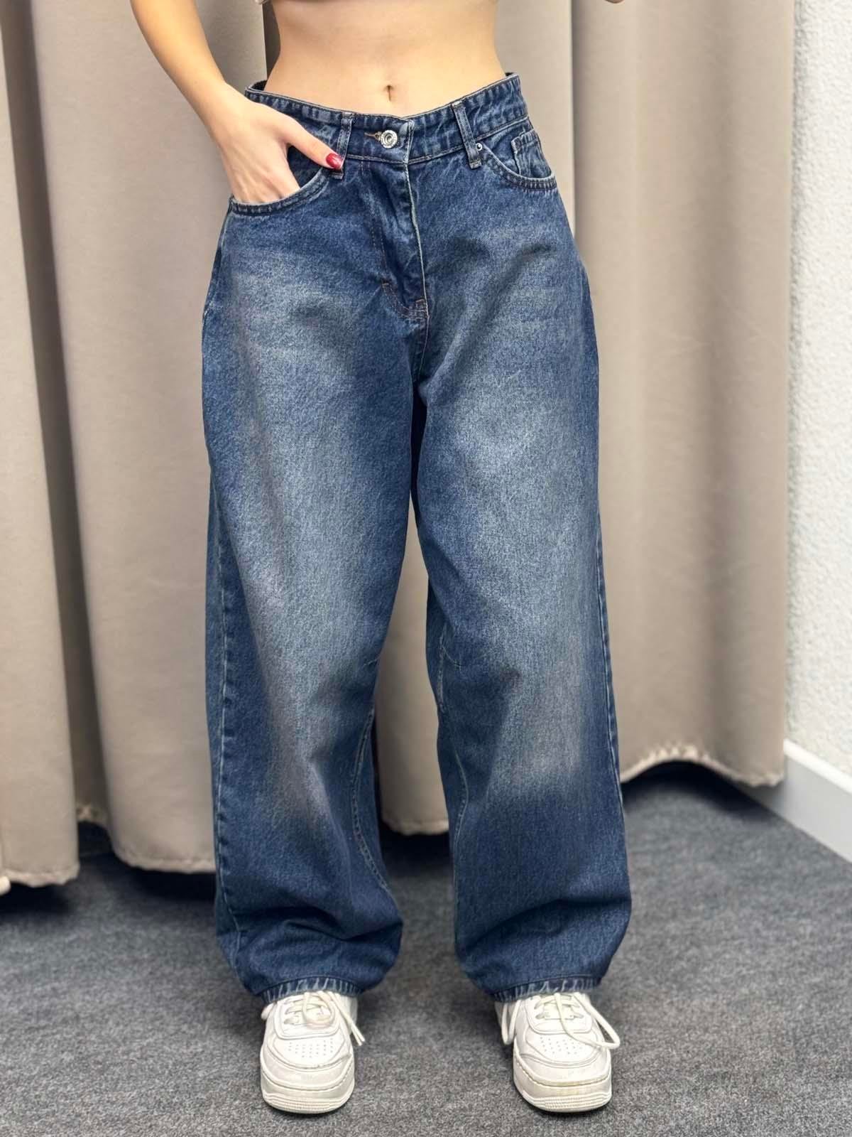 Kemer Detaylı Mavi Baggy Jean