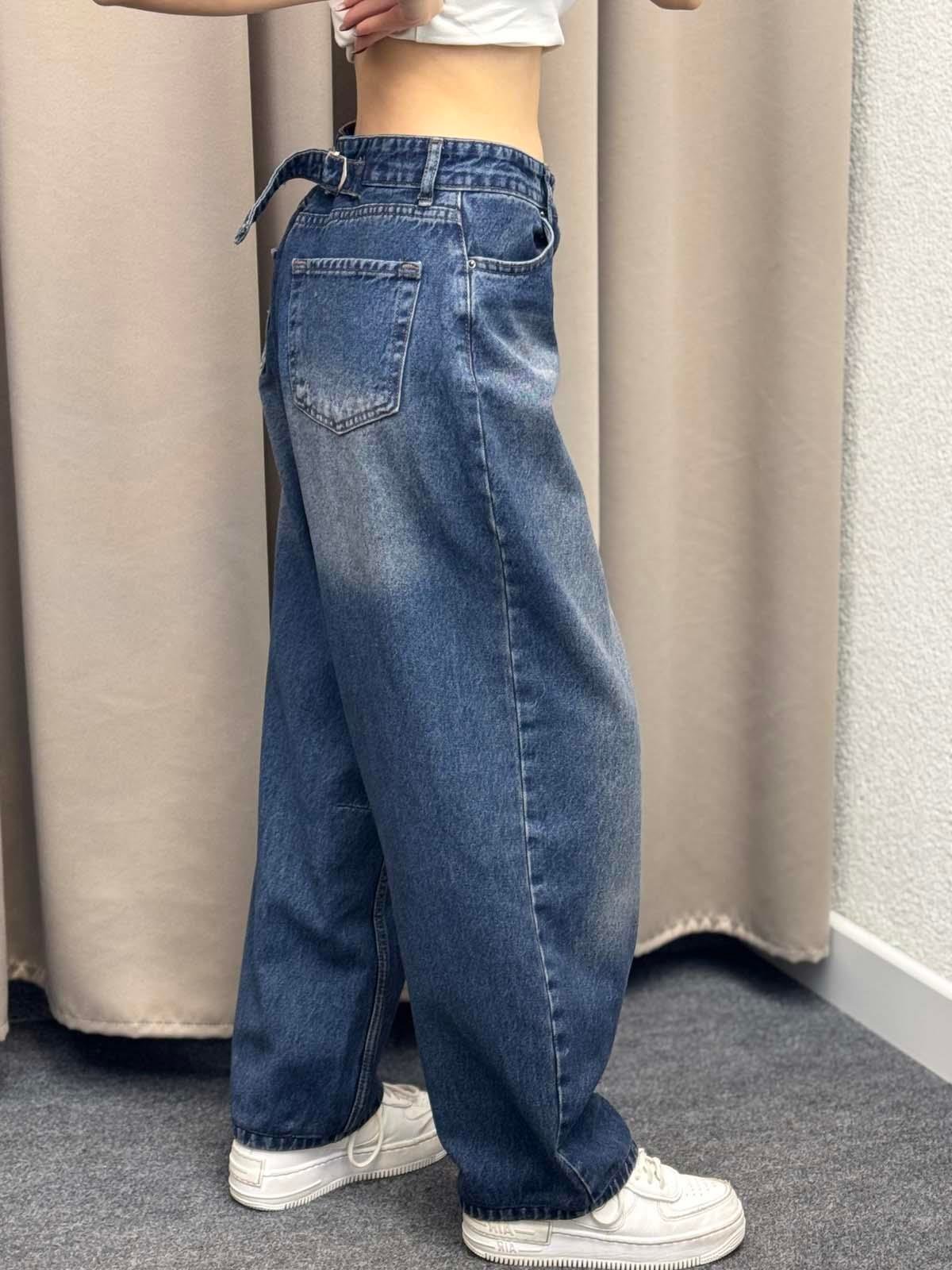 Kemer Detaylı Mavi Baggy Jean