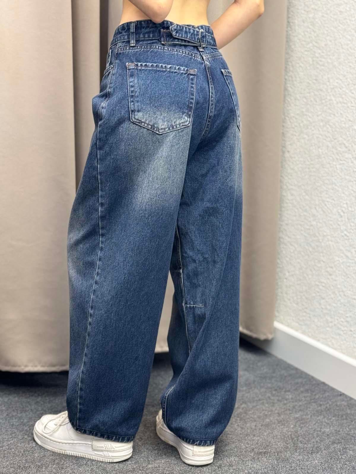 Kemer Detaylı Mavi Baggy Jean