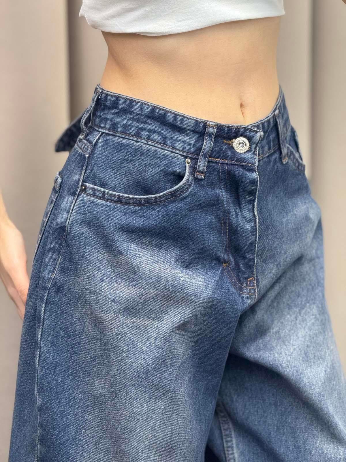 Kemer Detaylı Mavi Baggy Jean