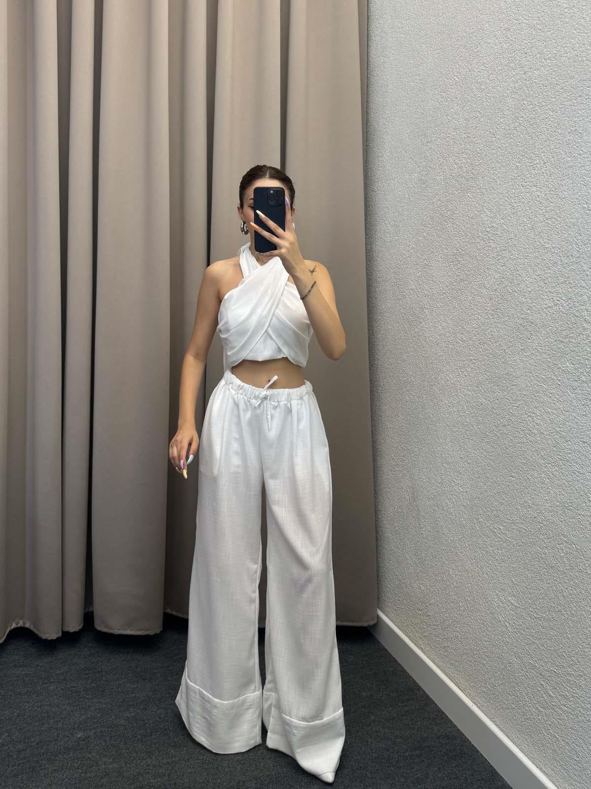 Khuit Beyaz Keten Crop Takım