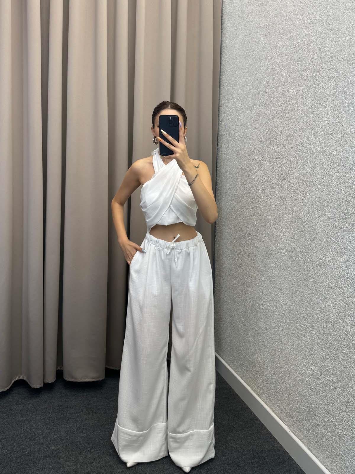 Khuit Beyaz Keten Crop Takım