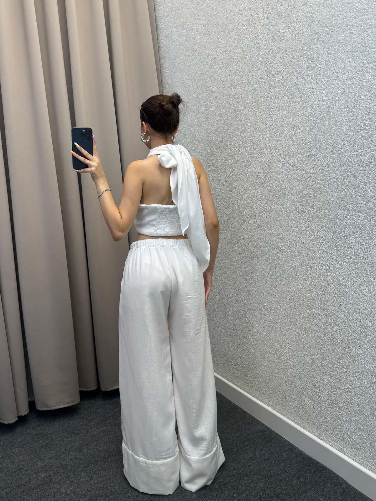 Khuit Beyaz Keten Crop Takım