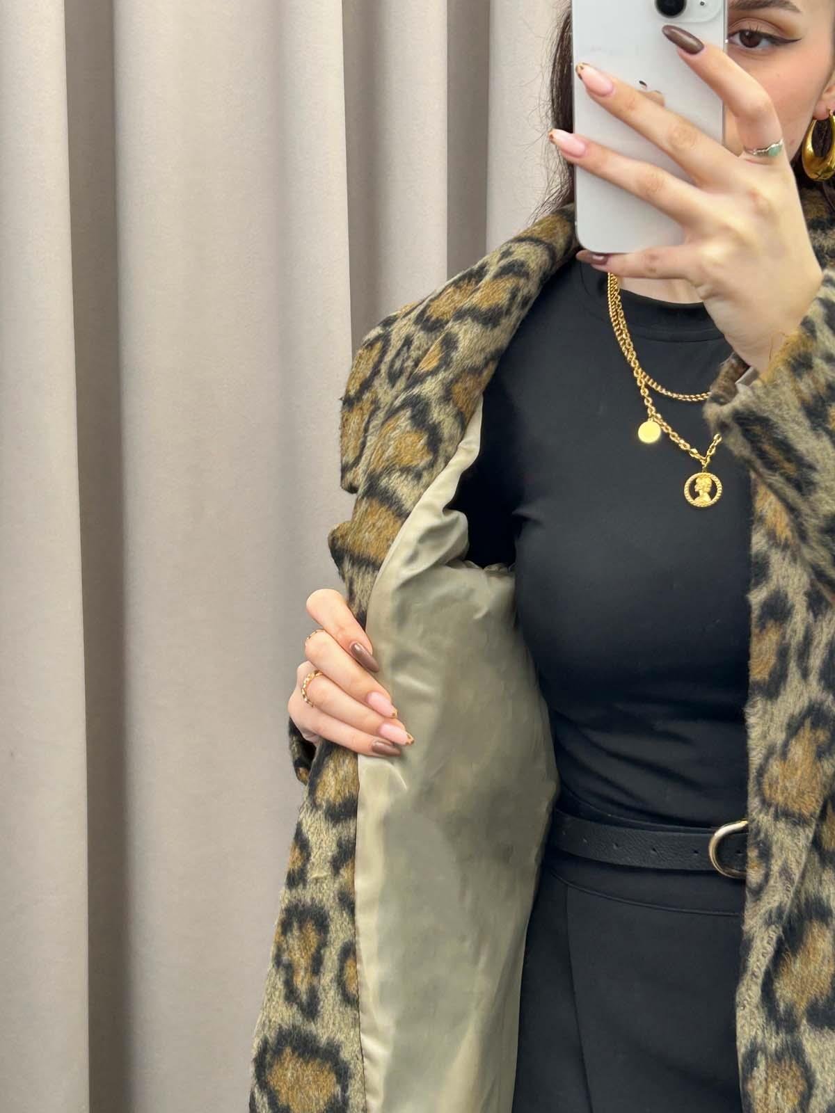 Leopar Desen İçi Astarlı Kaşe Kaban