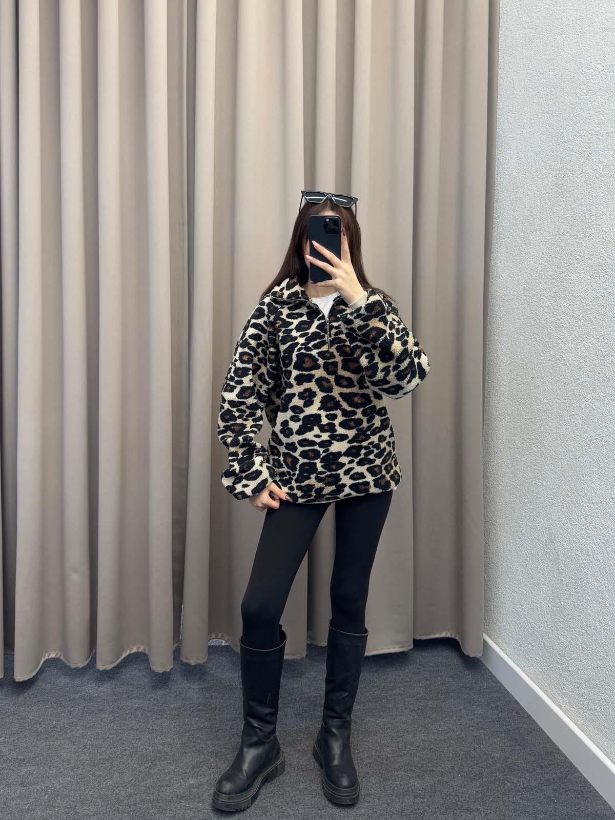 Leopar Dik Yaka Sweatshirt