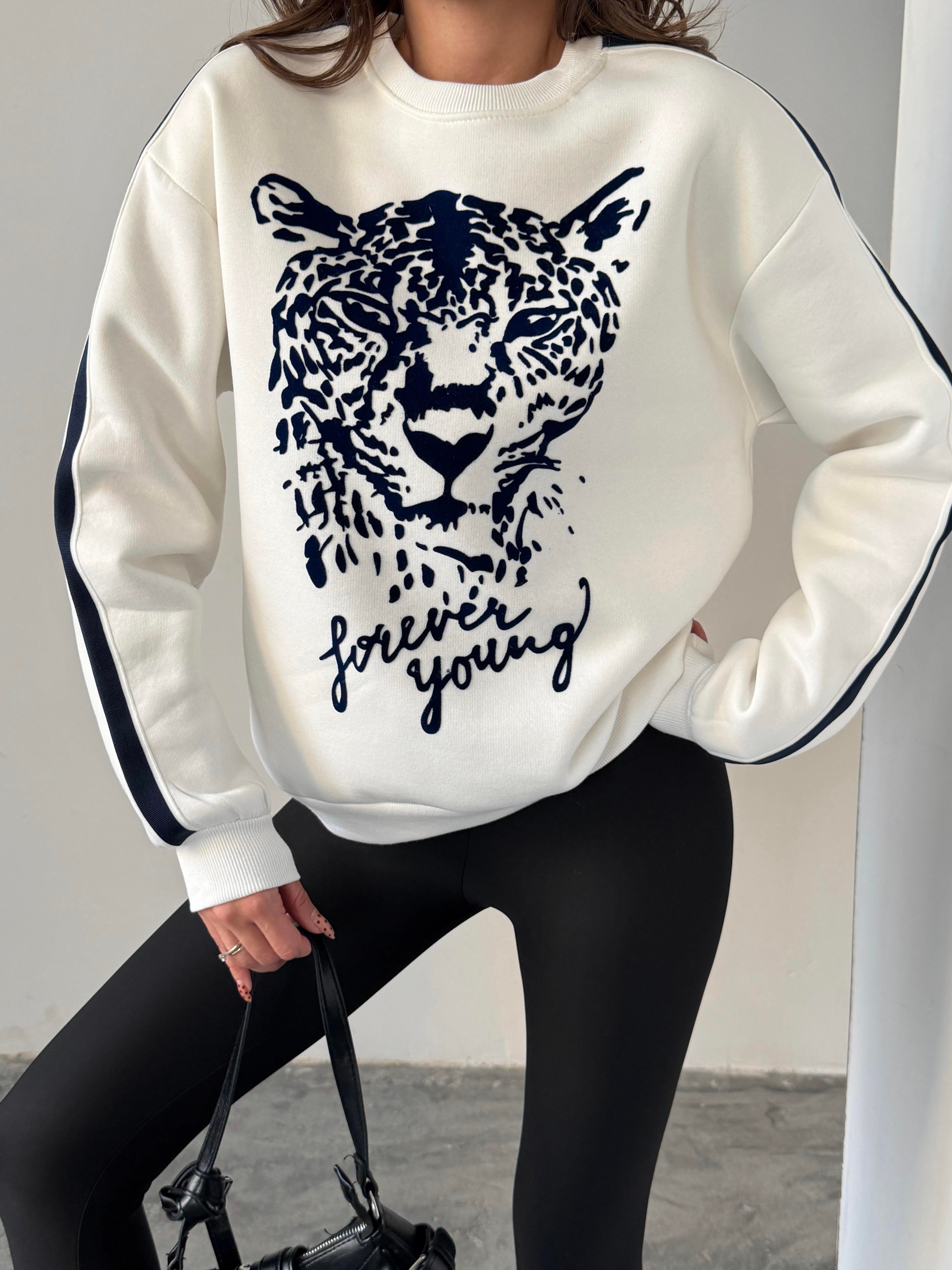 LEOPAR FLOK BASKI KOL ŞERİTLİ SWEAT EKRU