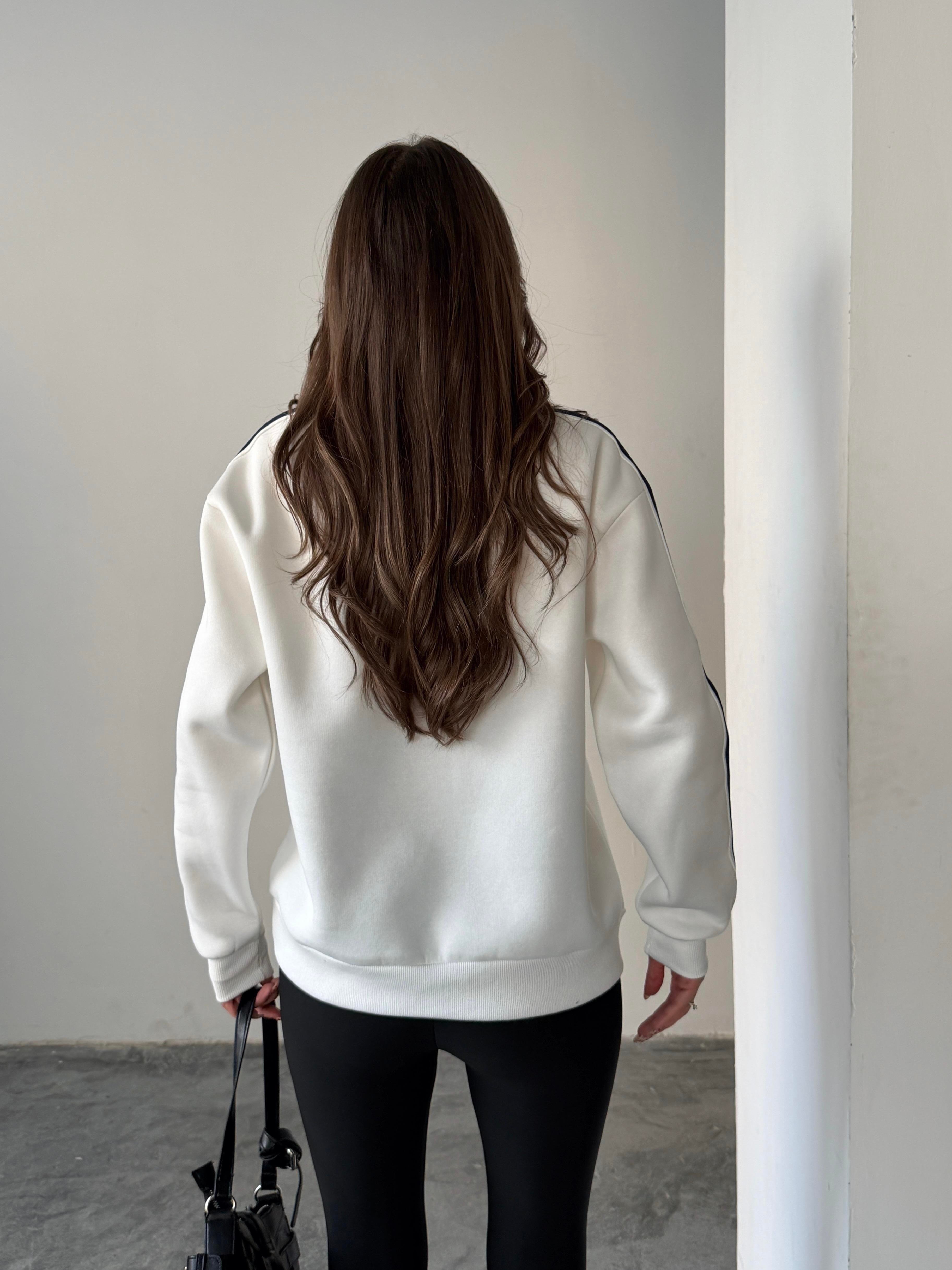 LEOPAR FLOK BASKI KOL ŞERİTLİ SWEAT EKRU