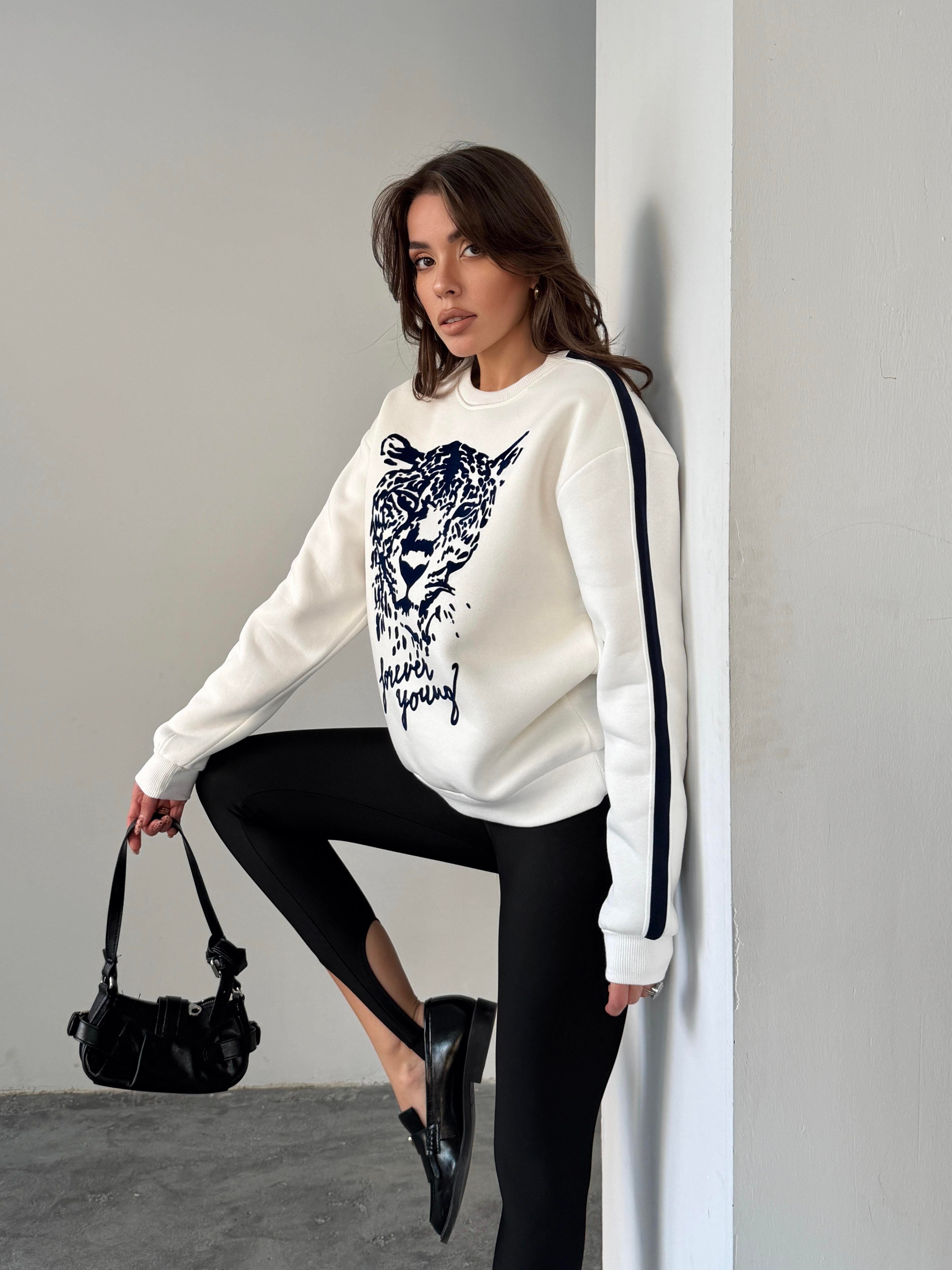 LEOPAR FLOK BASKI KOL ŞERİTLİ SWEAT EKRU