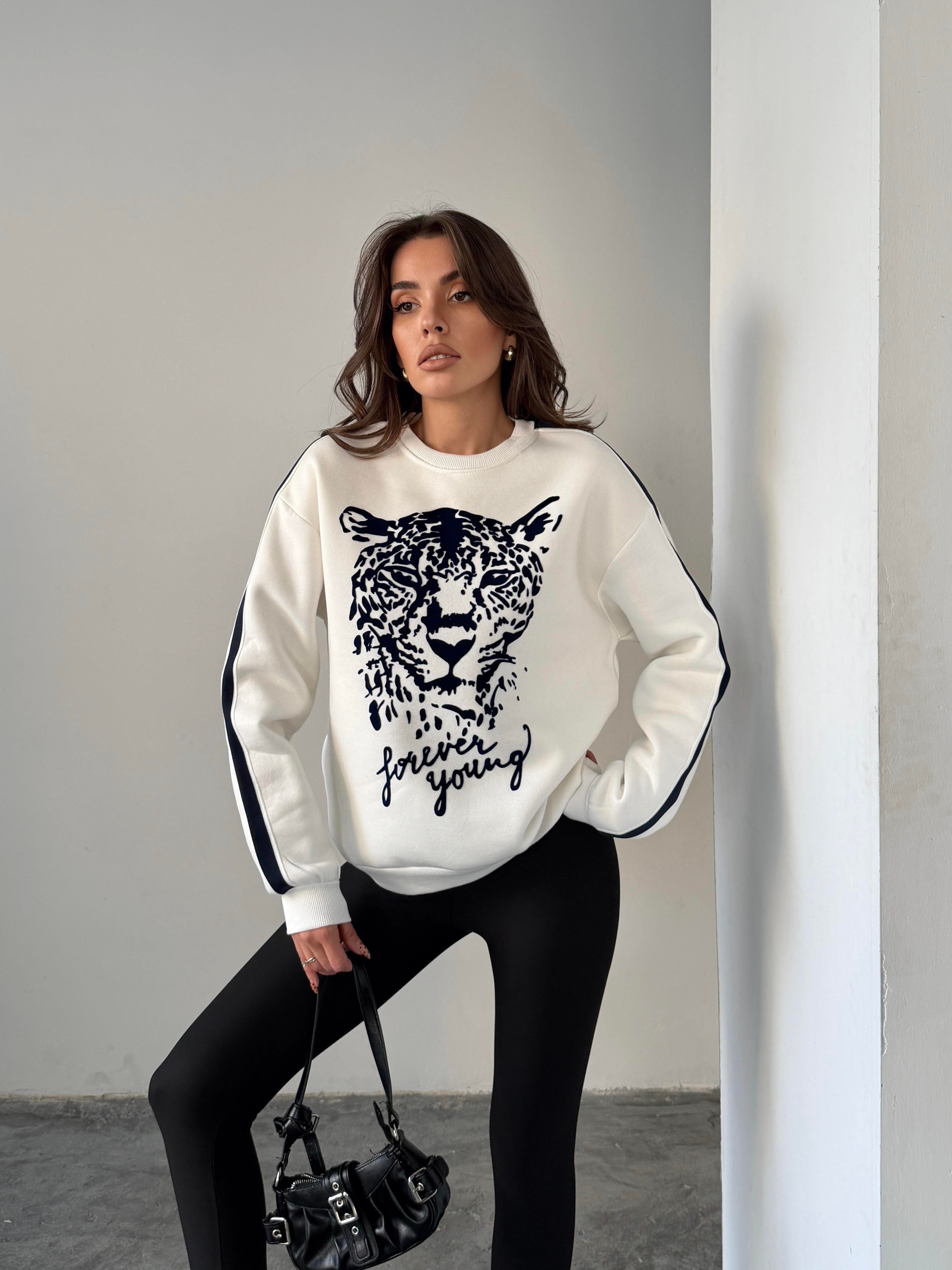 LEOPAR FLOK BASKI KOL ŞERİTLİ SWEAT EKRU