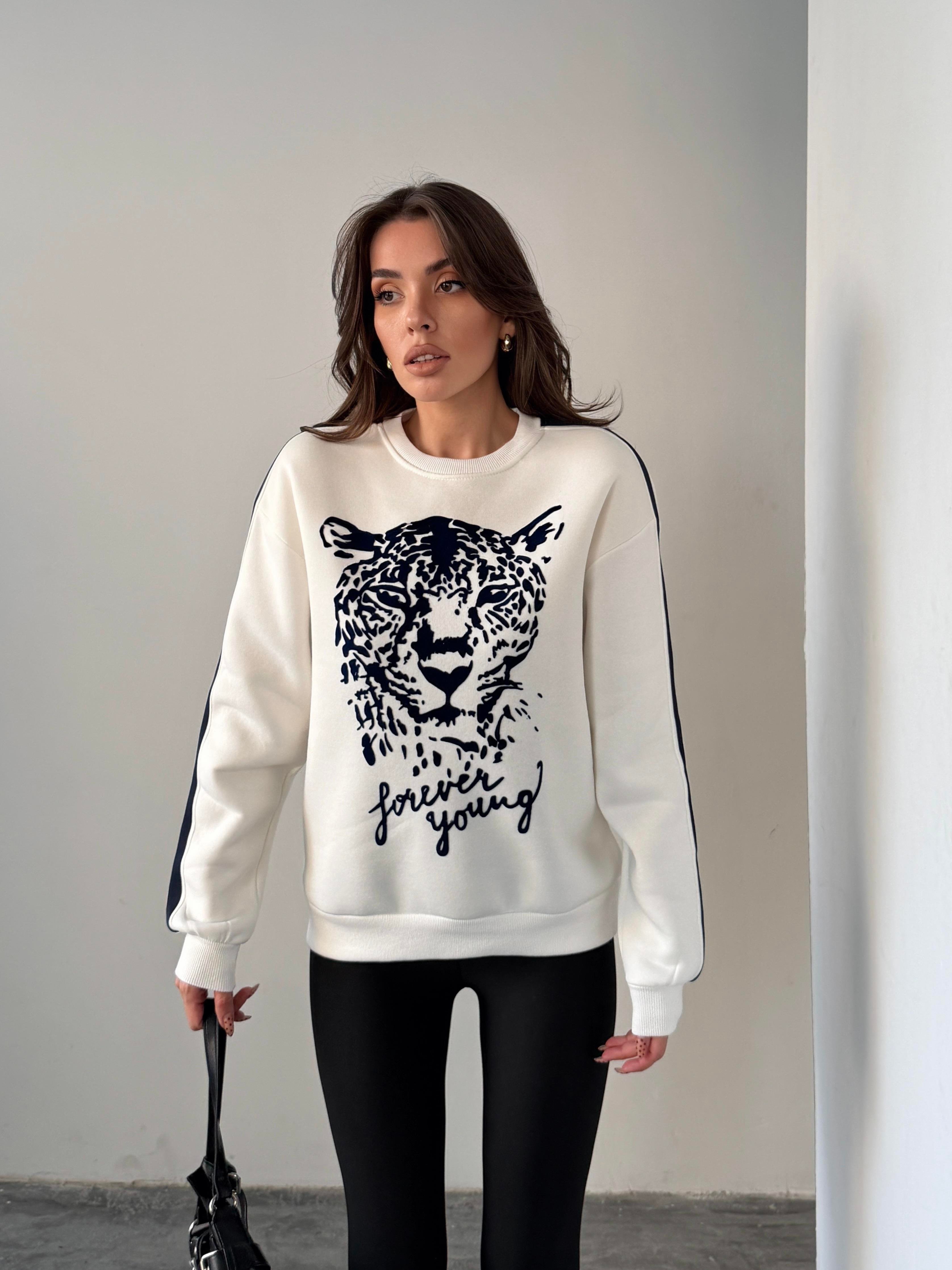 LEOPAR FLOK BASKI KOL ŞERİTLİ SWEAT EKRU