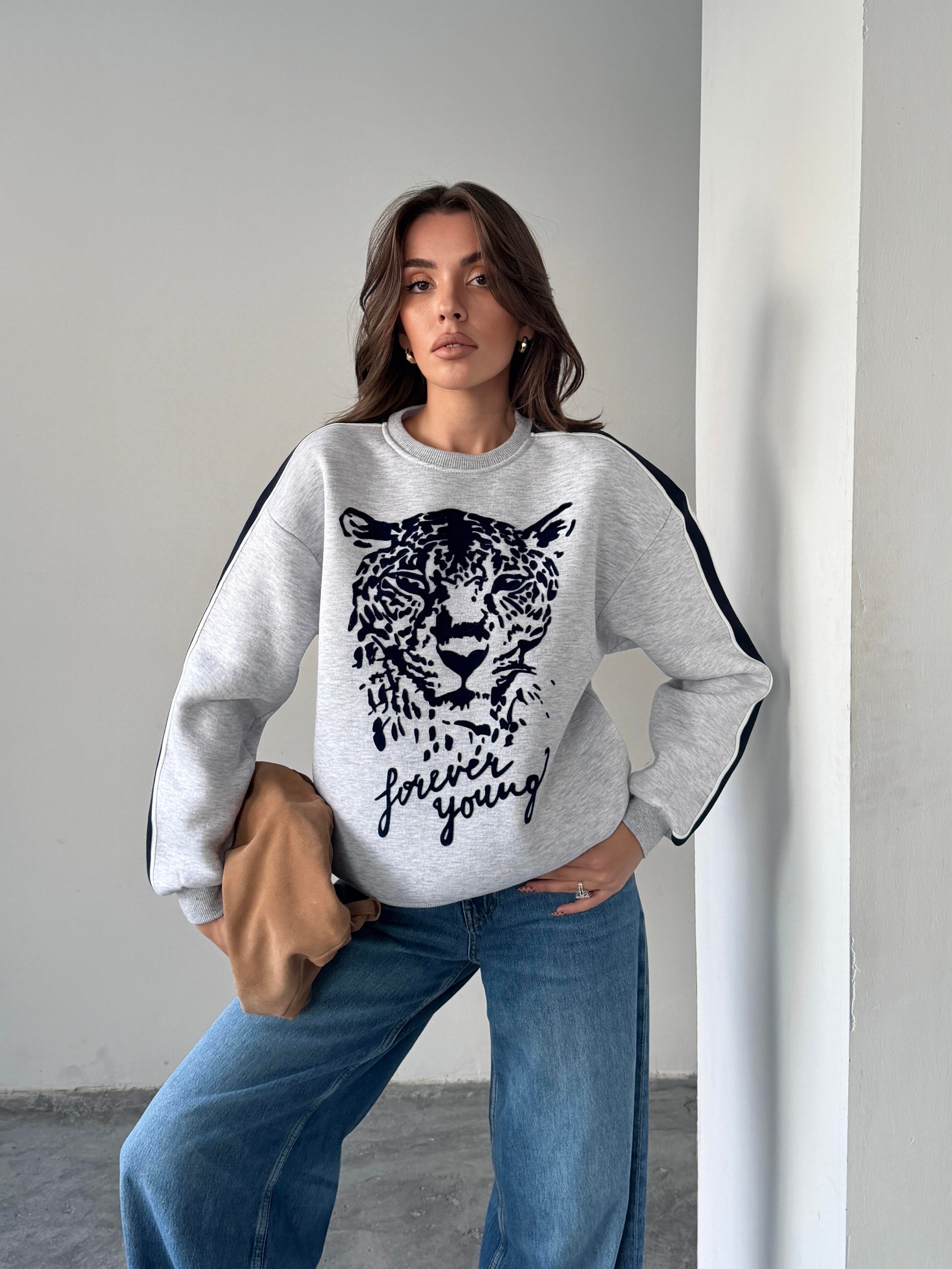 LEOPAR FLOK BASKI KOL ŞERİTLİ SWEAT GRİ