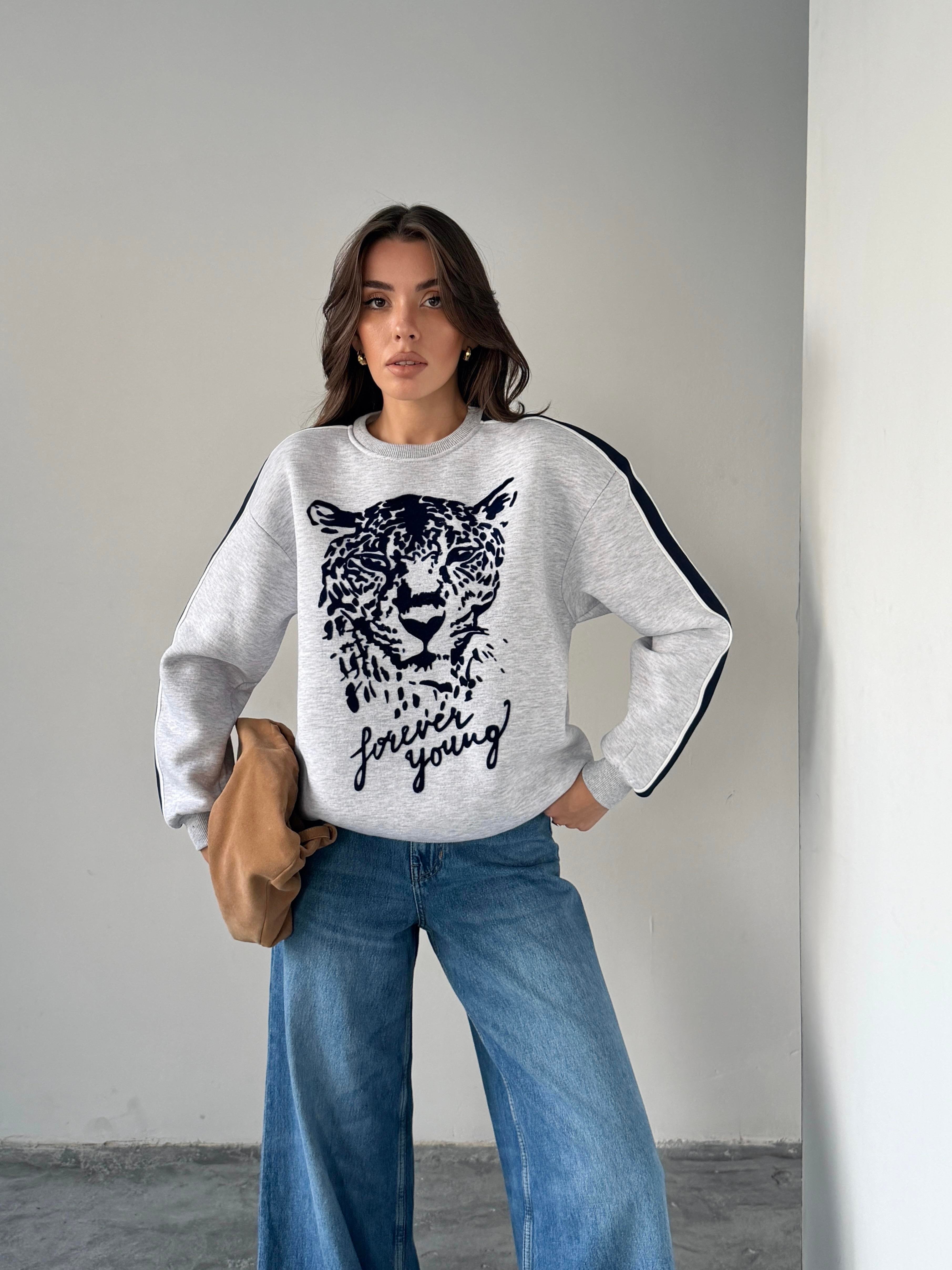 LEOPAR FLOK BASKI KOL ŞERİTLİ SWEAT GRİ