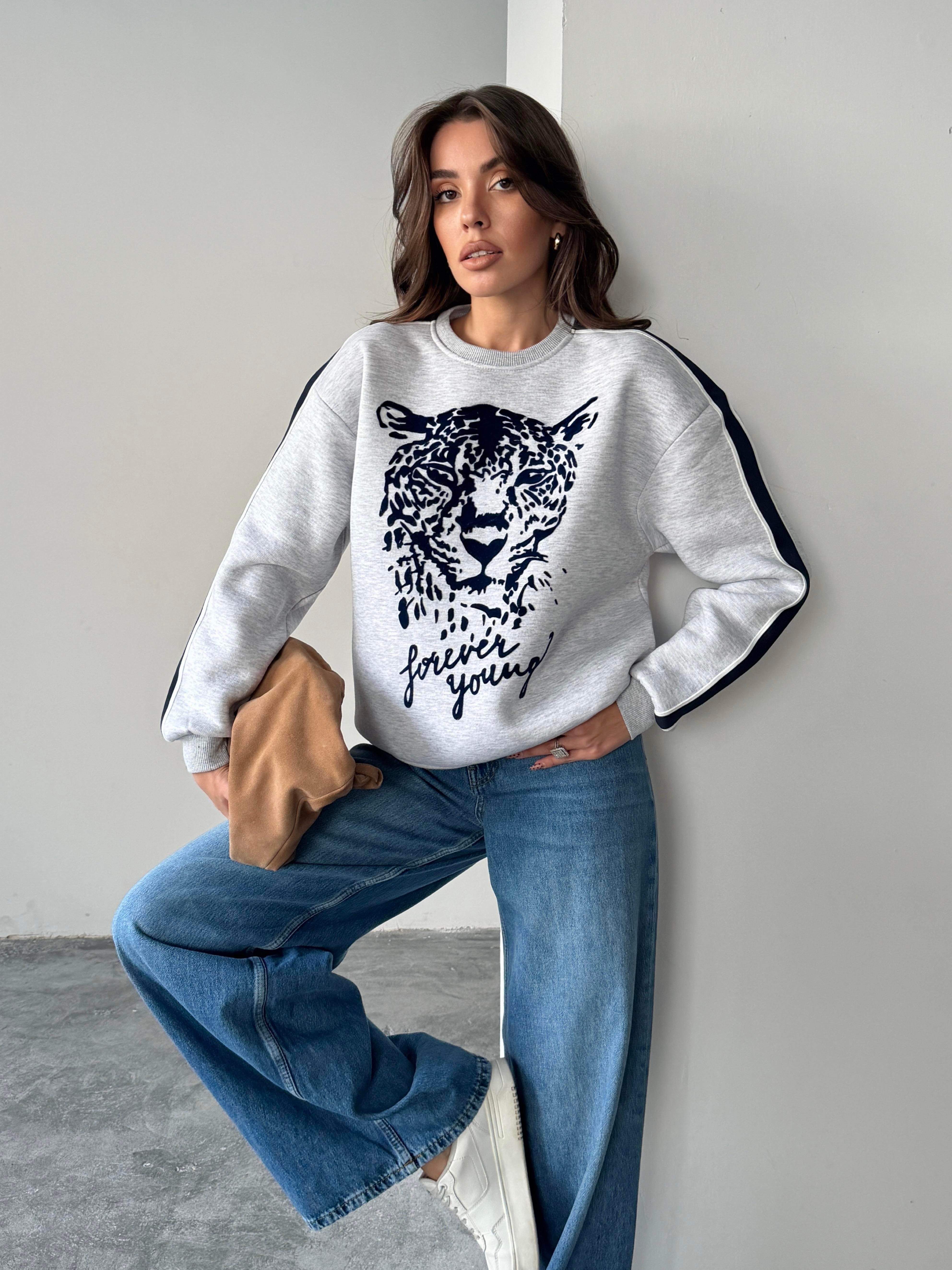 LEOPAR FLOK BASKI KOL ŞERİTLİ SWEAT GRİ