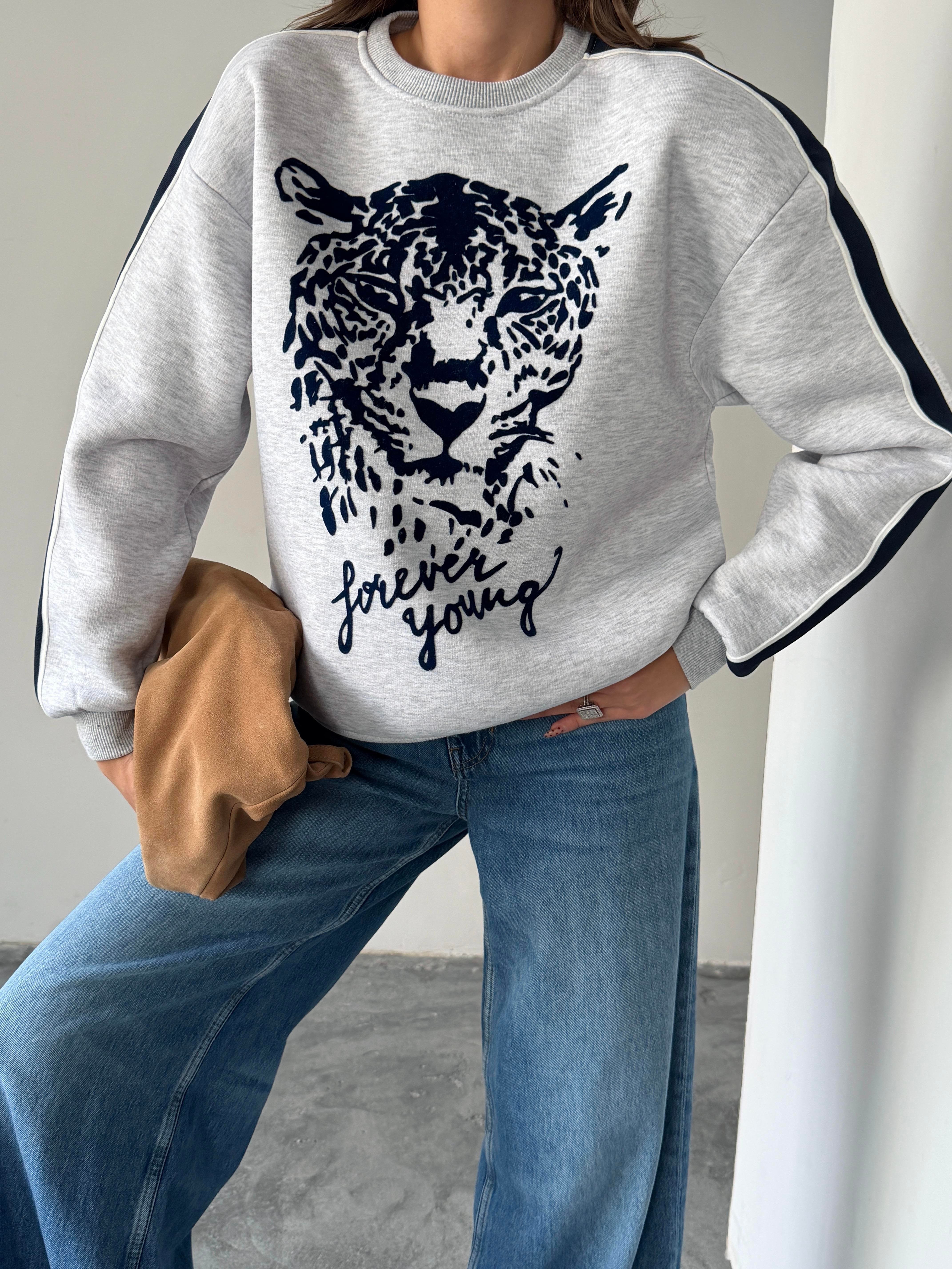 LEOPAR FLOK BASKI KOL ŞERİTLİ SWEAT GRİ