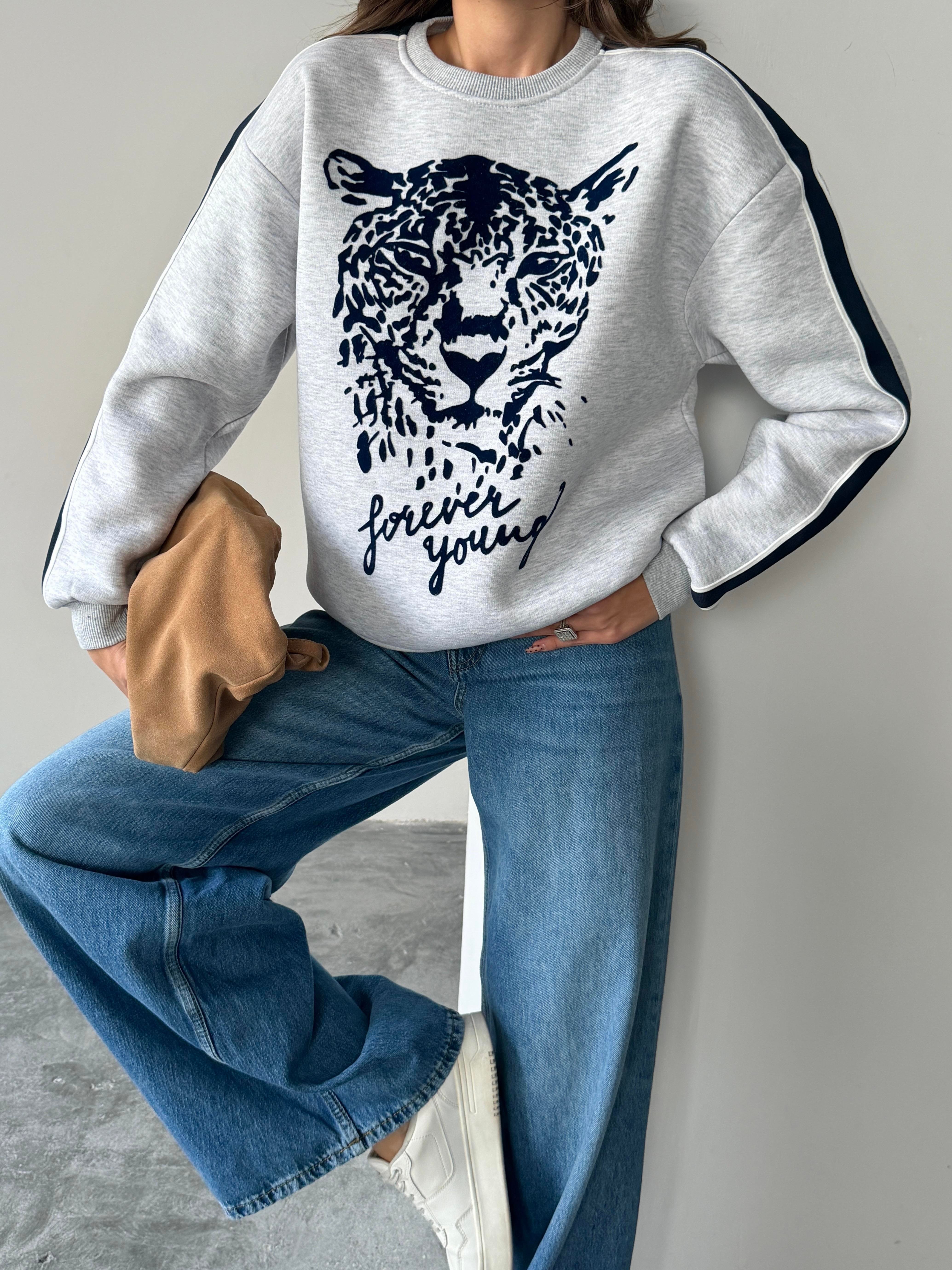 LEOPAR FLOK BASKI KOL ŞERİTLİ SWEAT GRİ