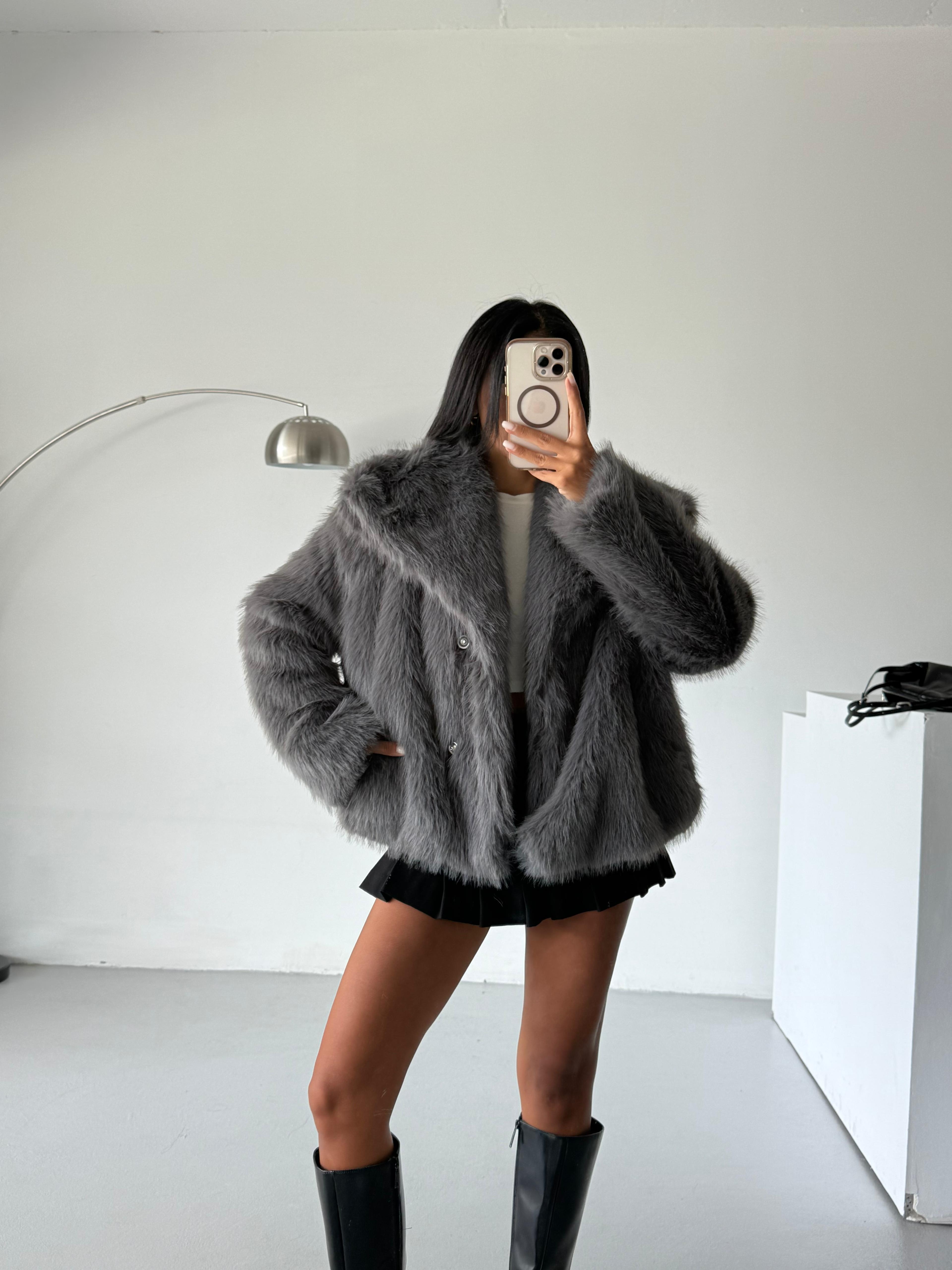 LOLİTA ŞALYAKA OVERSİZE KALIP KÜRK ANTRASİT