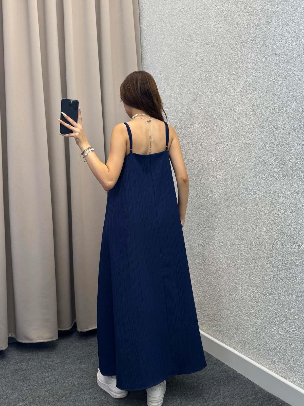 Lopas Askılı Kaş Keten Lacivert Elbise